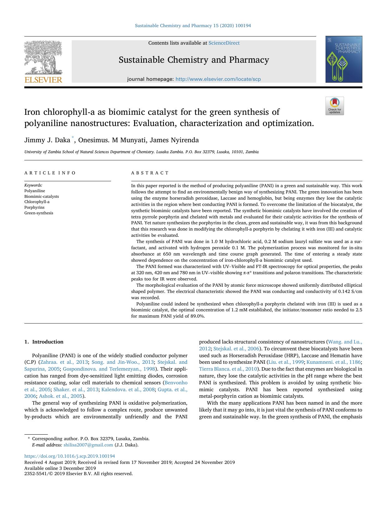 Iron chlorophyll-a as biomimic catalyst for the green synthesis of polyaniline nanostructures: Evaluation, characterization and optimization. by Jimmy J. Daka & Onesimus. M Munyati & James Nyirenda