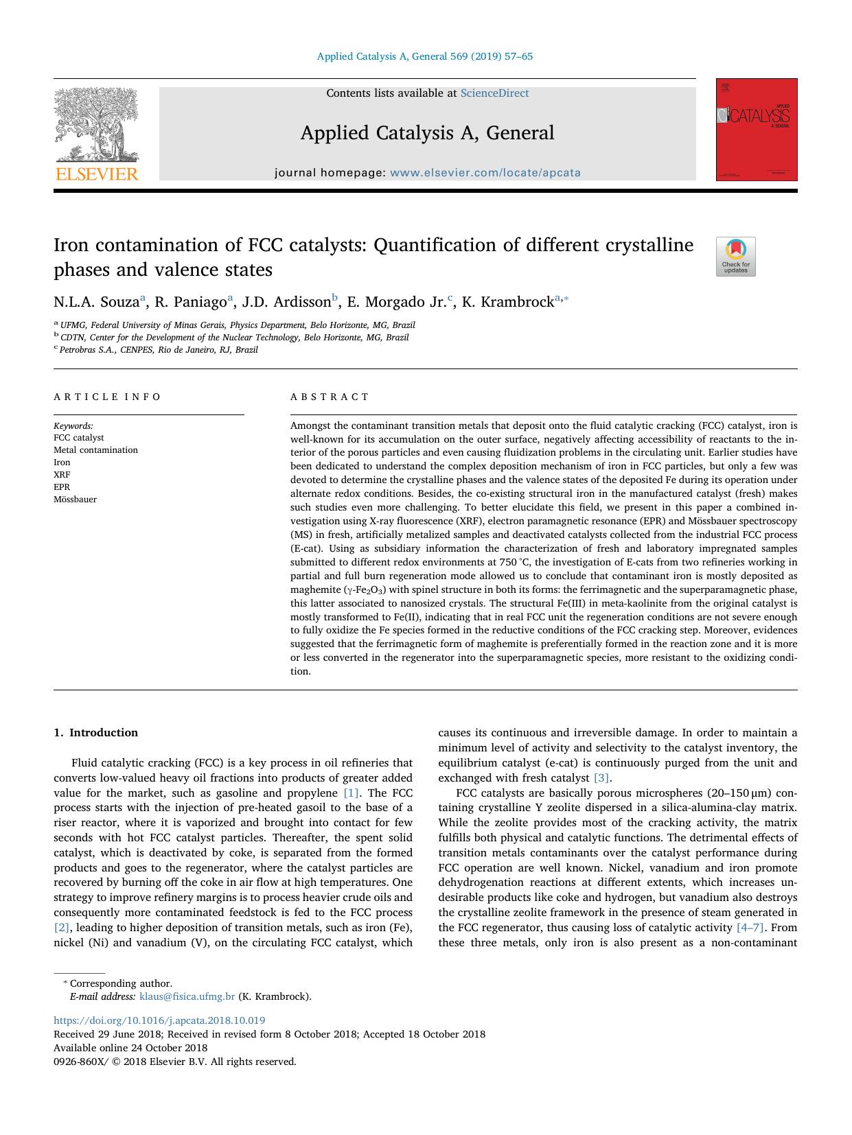 Iron contamination of FCC catalysts_ Quantification of different crystalline phases and valence states by N.L.A. Souza & R. Paniago & J.D. Ardisson & E. Morgado & K. Krambrock