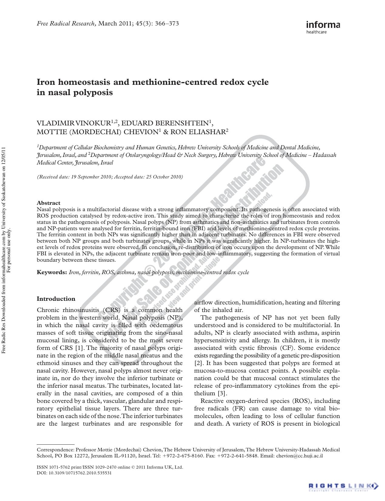 Iron homeostasis and methionine-centred redox cycle in nasal polyposis by unknow