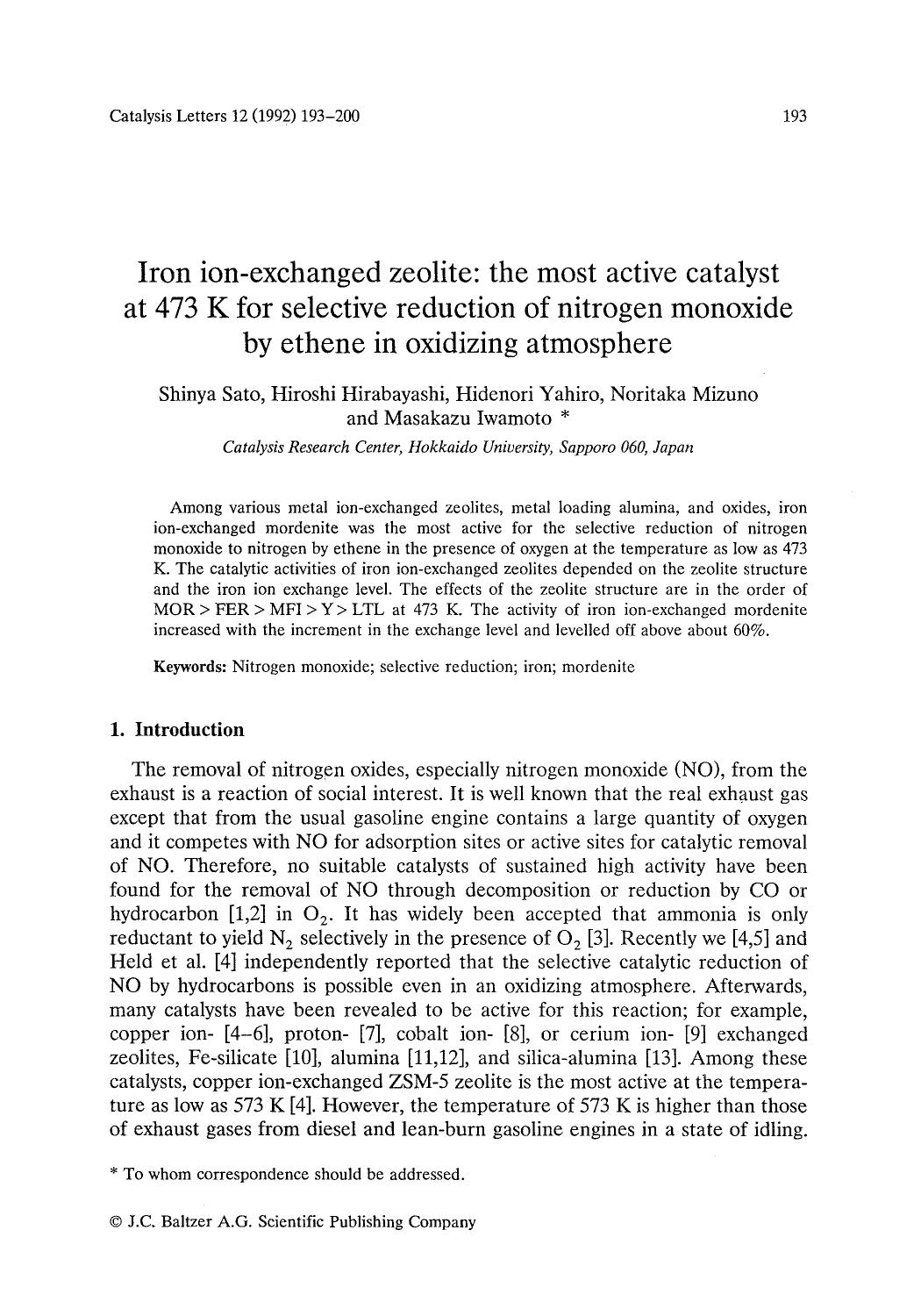 Iron ion-exchanged zeolite: the most active catalyst at 473 K for selective reduction of nitrogen monoxide by ethene in oxidizing atmosphere by Unknown