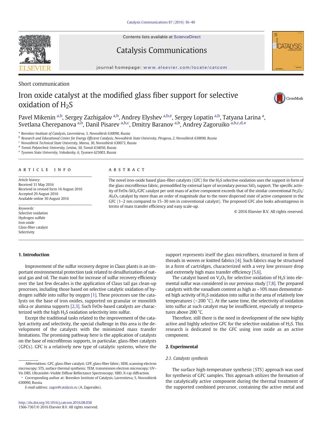 Iron oxide catalyst at the modified glass fiber support for selective oxidation of H2S by unknow