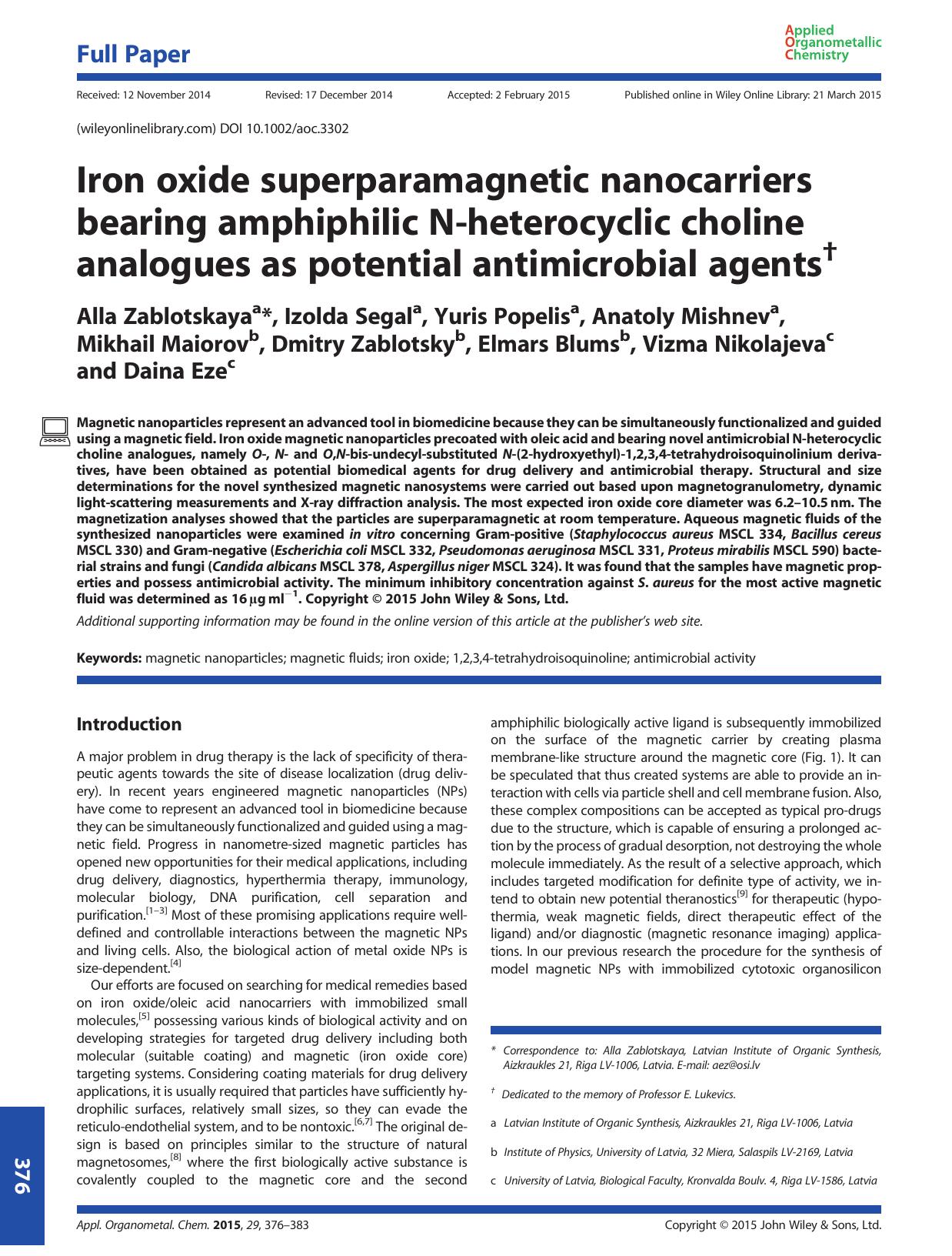 Iron oxide superparamagnetic nanocarriers bearing amphiphilic N-heterocyclic choline analogues as potential antimicrobial agents by unknow