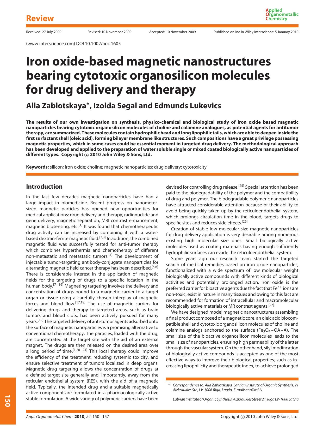 Iron oxide-based magnetic nanostructures bearing cytotoxic organosilicon molecules for drug delivery and therapy by Unknown