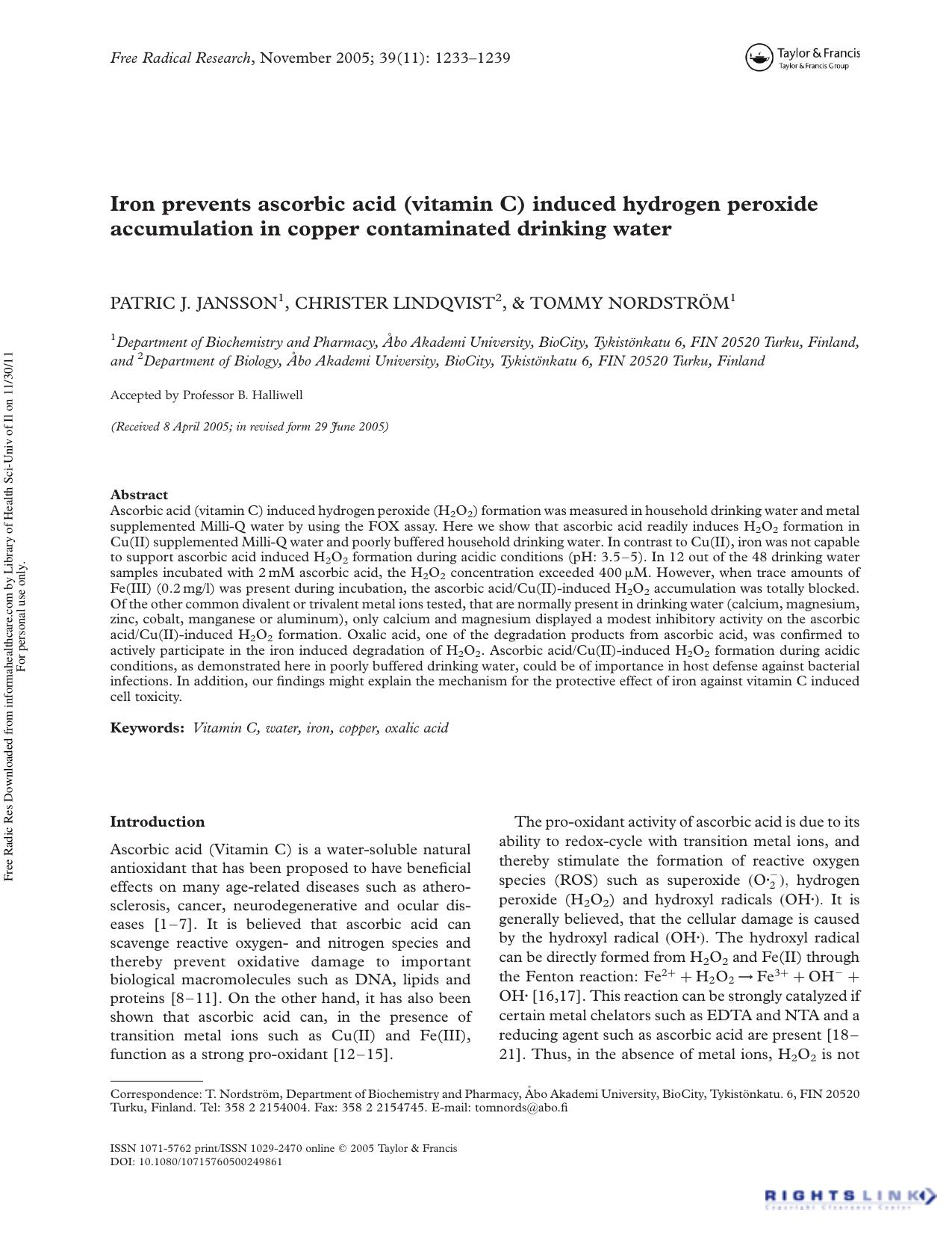 Iron prevents ascorbic acid (vitamin C) induced hydrogen peroxide accumulation in copper contaminated drinking water by Patric J. Jansson1 Christer Lindqvist2 & Tommy Nordström1†