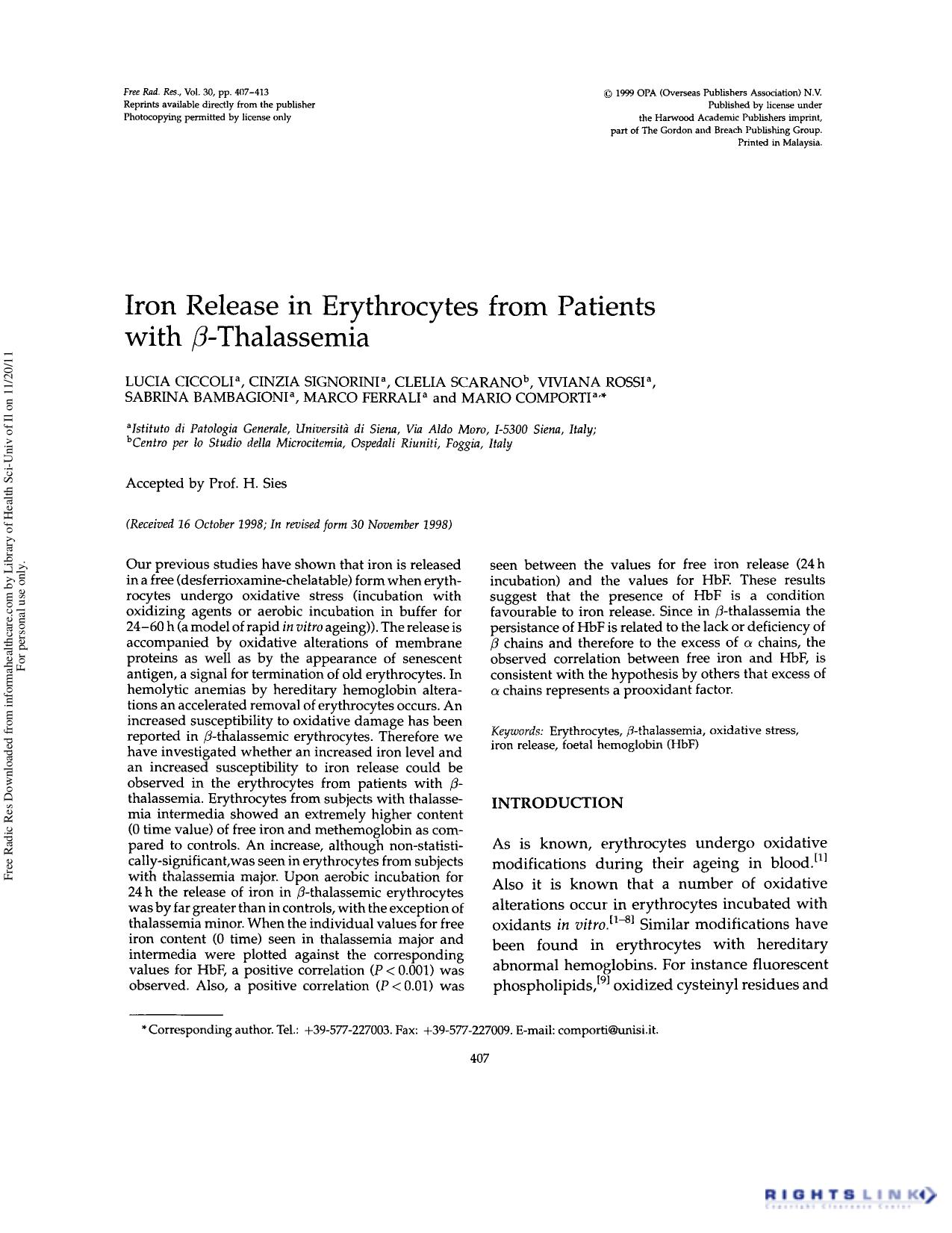 Iron release in erythrocytes from patients with Î²-thalassemia by unknow