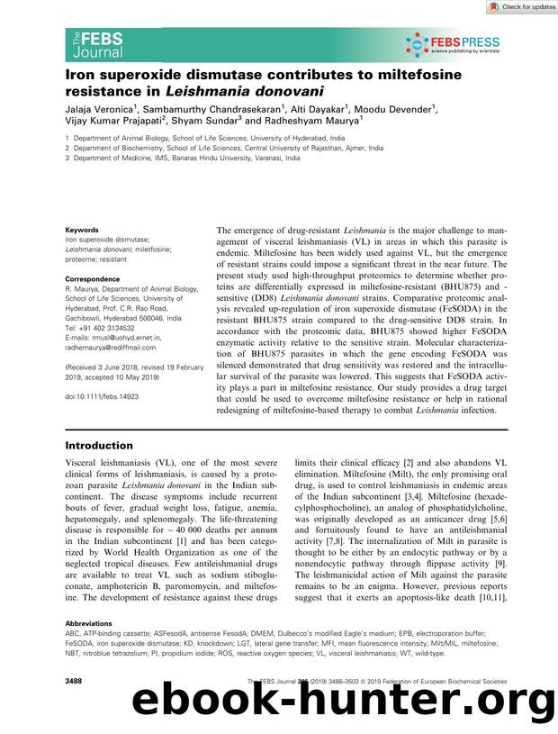 Iron superoxide dismutase contributes to miltefosine resistance in LeishmaniaÂ donovani by Unknown