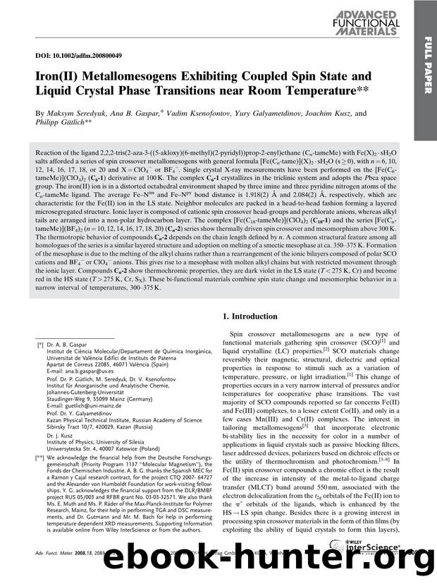 Iron(II) Metallomesogens Exhibiting Coupled Spin State and Liquid Crystal Phase Transitions near Room Temperature by Unknown