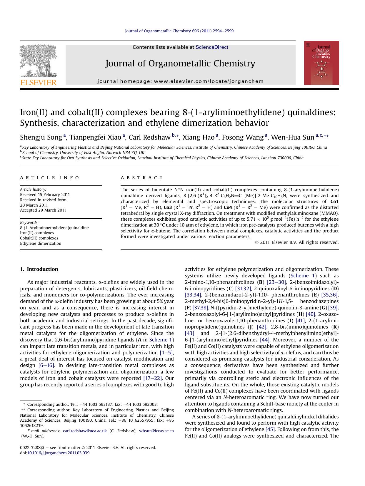 Iron(II) and cobalt(II) complexes bearing 8-(1-aryliminoethylidene) quinaldines: Synthesis, characterization and ethylene dimerization behavior by Shengju Song & Tianpengfei Xiao & Carl Redshaw & Xiang Hao & Fosong Wang & Wen-Hua Sun