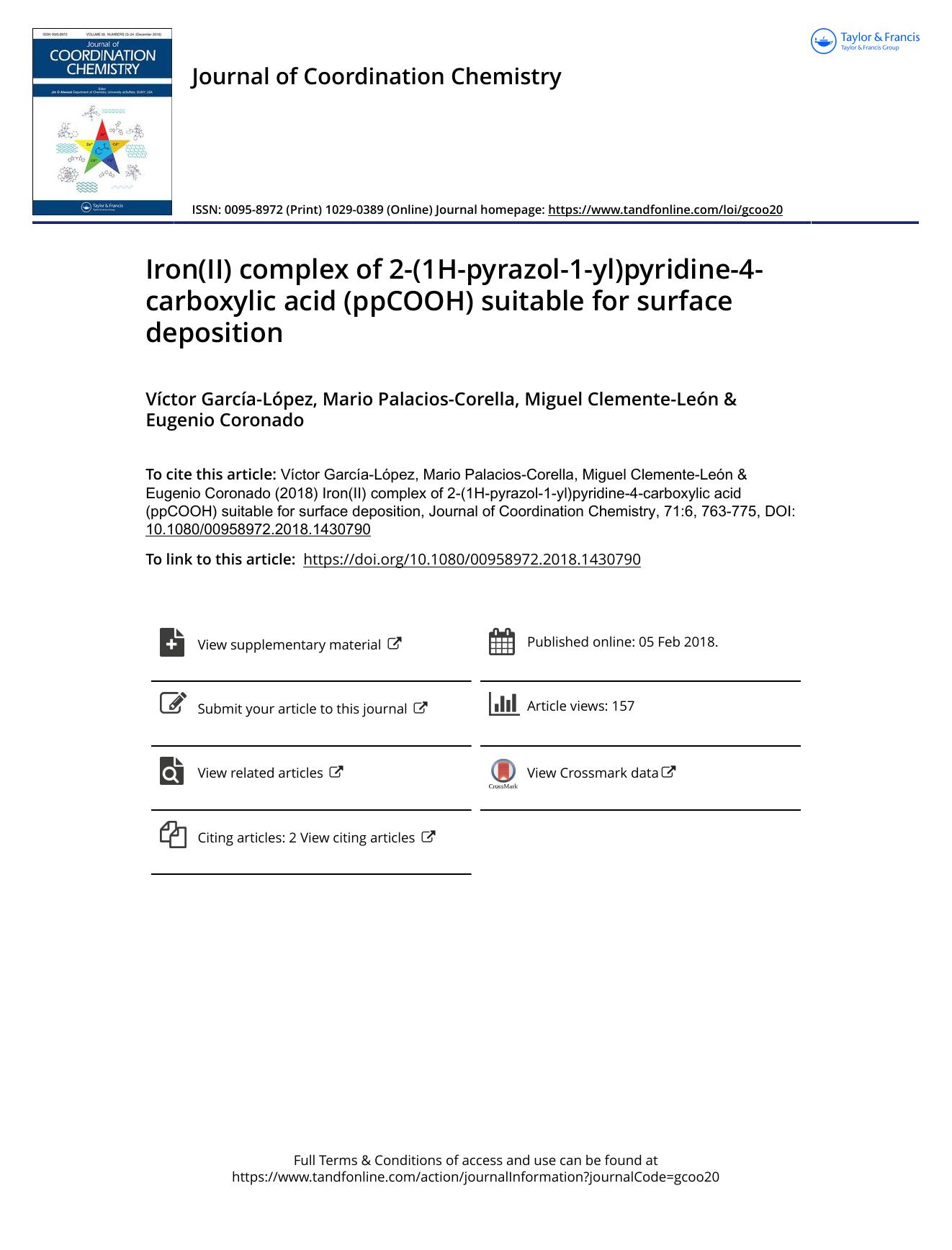 Iron(II) complex of 2-(1H-pyrazol-1-yl)pyridine-4-carboxylic acid (ppCOOH) suitable for surface deposition by Víctor García-López & Mario Palacios-Corella & Miguel Clemente-León & Eugenio Coronado