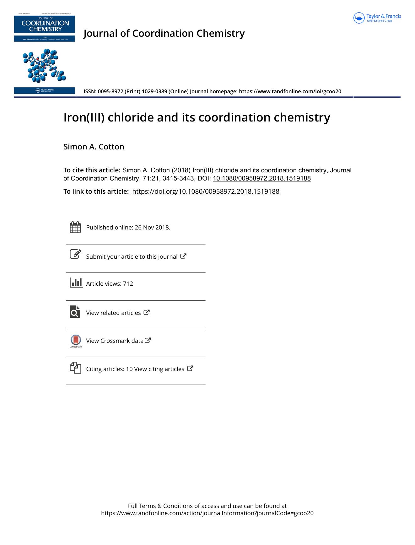 Iron(III) chloride and its coordination chemistry by Cotton Simon A
