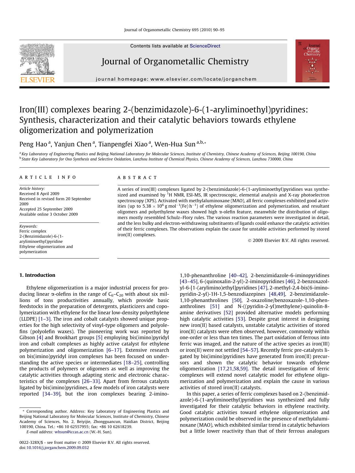 Iron(III) complexes bearing 2-(benzimidazole)-6-(1-aryliminoethyl)pyridines: Synthesis, characterization and their catalytic behaviors towards ethylene oligomerization and polymerization by Peng Hao; Yanjun Chen; Tianpengfei Xiao; Wen-Hua Sun