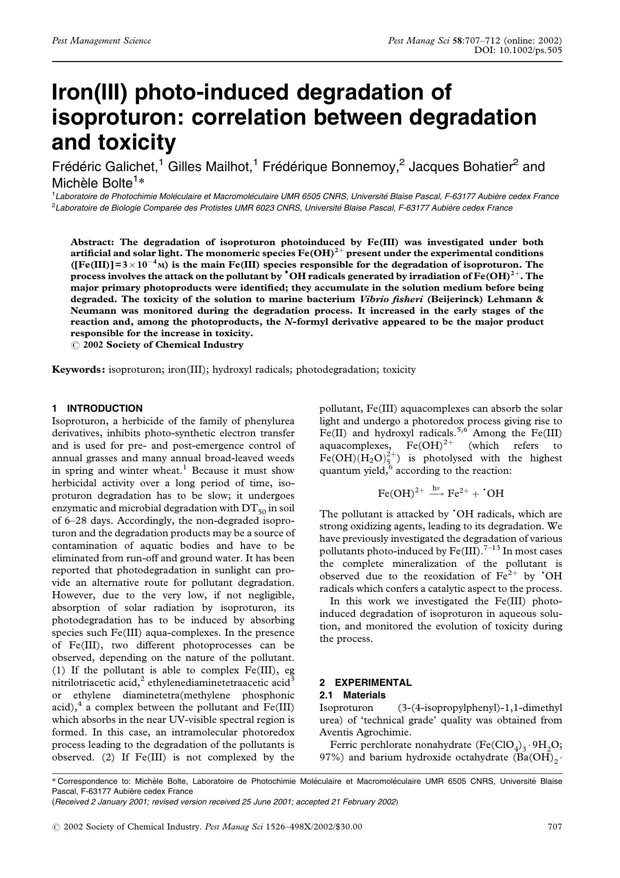 Iron(III) photo-induced degradation of isoproturon: correlation between degradation and toxicity by Unknown