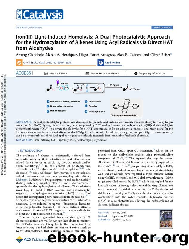 Iron(III)-Light-Induced Homolysis: A Dual Photocatalytic Approach for the Hydroacylation of Alkenes Using Acyl Radicals via Direct HAT from Aldehydes by Anurag Chinchole Marco A. Henriquez Diego Cortes-Arriagada Alan R. Cabrera & Oliver Reiser