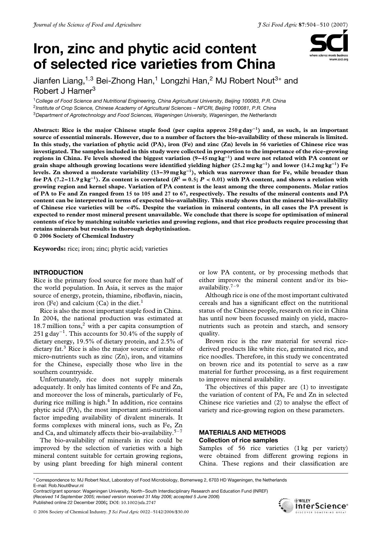 Iron, zinc and phytic acid content of selected rice varieties from China by Unknown