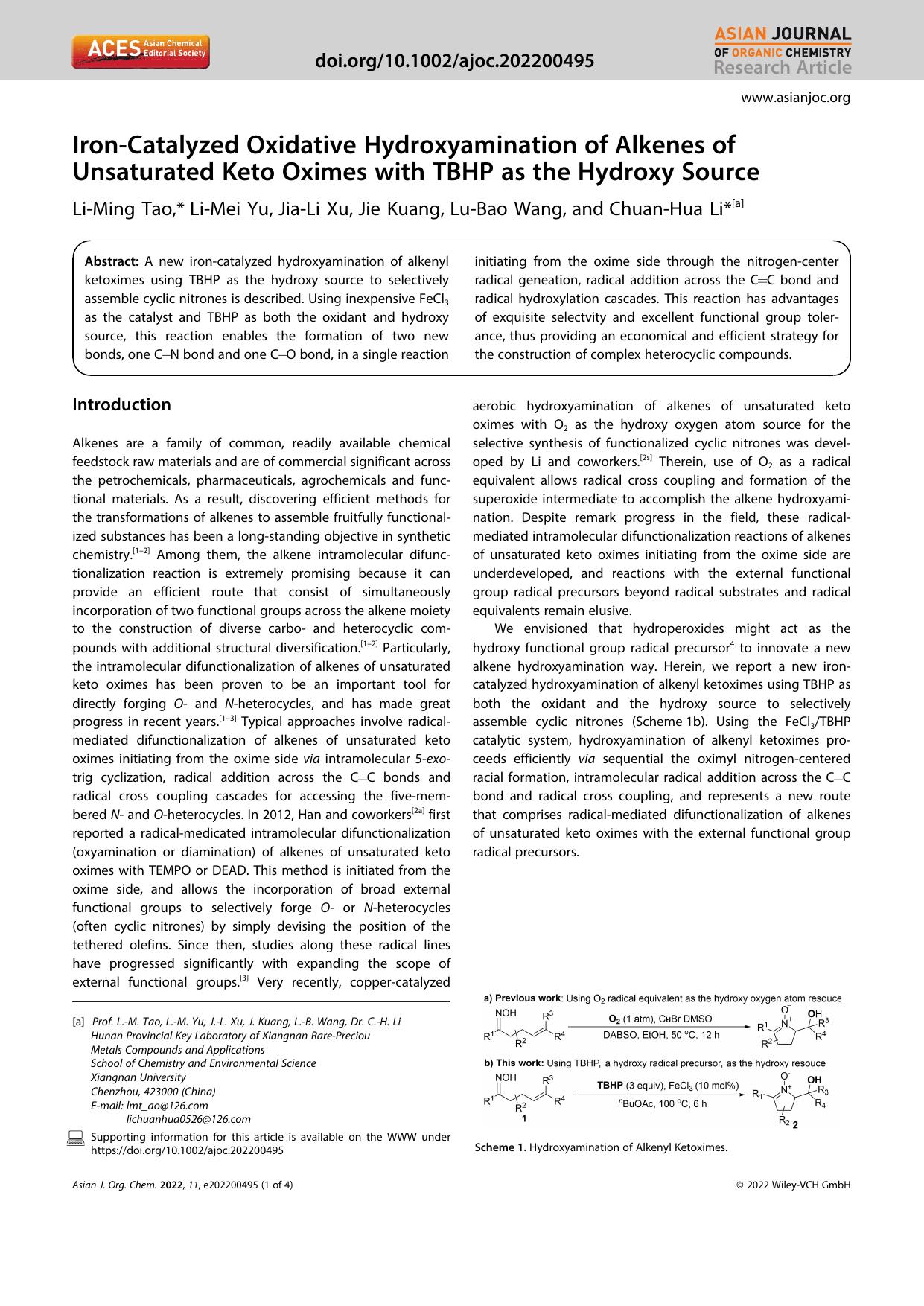 IronâCatalyzed Oxidative Hydroxyamination of Alkenes of Unsaturated Keto Oximes with TBHP as the Hydroxy Source by Unknown