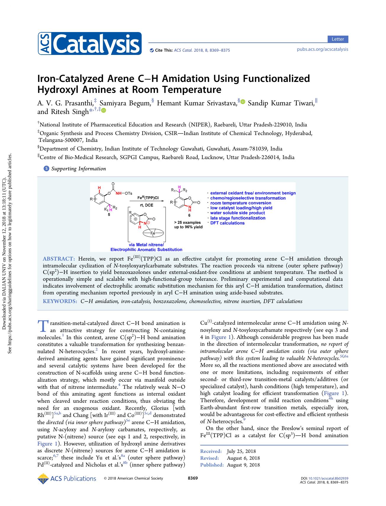 Iron-Catalyzed Arene CâH Amidation Using Functionalized Hydroxyl Amines at Room Temperature by A. V. G. Prasanthi & Samiyara Begum & Hemant Kumar Srivastava & Sandip Kumar Tiwari & Ritesh Singh