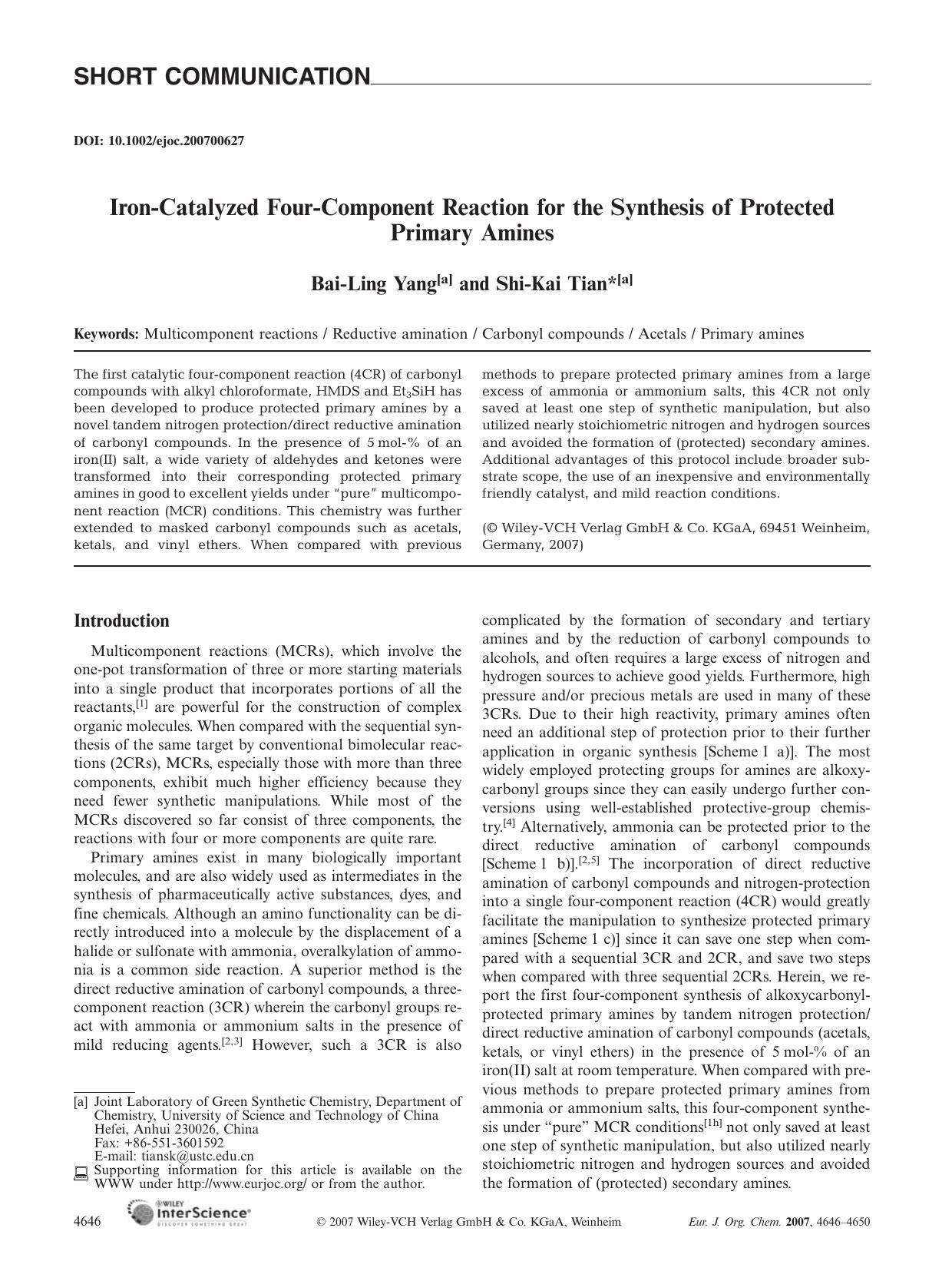 Iron-Catalyzed Four-Component Reaction for the Synthesis of Protected Primary Amines by Unknown