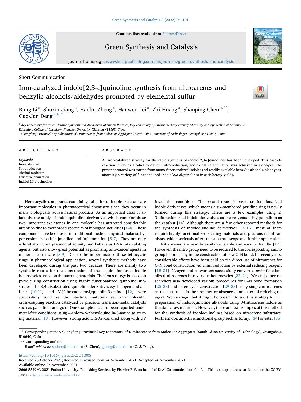 Iron-catalyzed indolo[2,3-c]quinoline synthesis from nitroarenes and benzylic alcoholsaldehydes promoted by elemental sulfur by Rong Li & Shuxin Jiang & Haolin Zheng & Hanwen Lei & Zhi Huang & Shanping Chen & Guo-Jun Deng