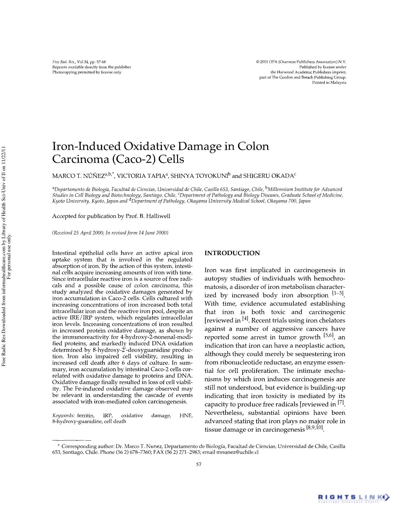 Iron-induced oxidative damage in colon carcinoma (caco-2) cells by Marco T. Núñez Victoria Tapia Shinya Toyokuni & Shigeru Okada