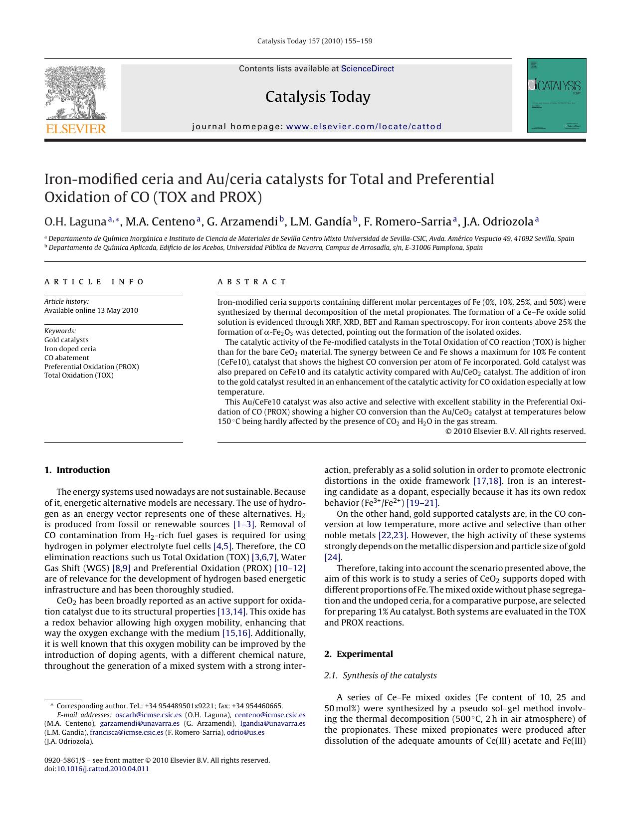 Iron-modified ceria and Auceria catalysts for Total and Preferential Oxidation of CO (TOX and PROX) by O.H. Laguna