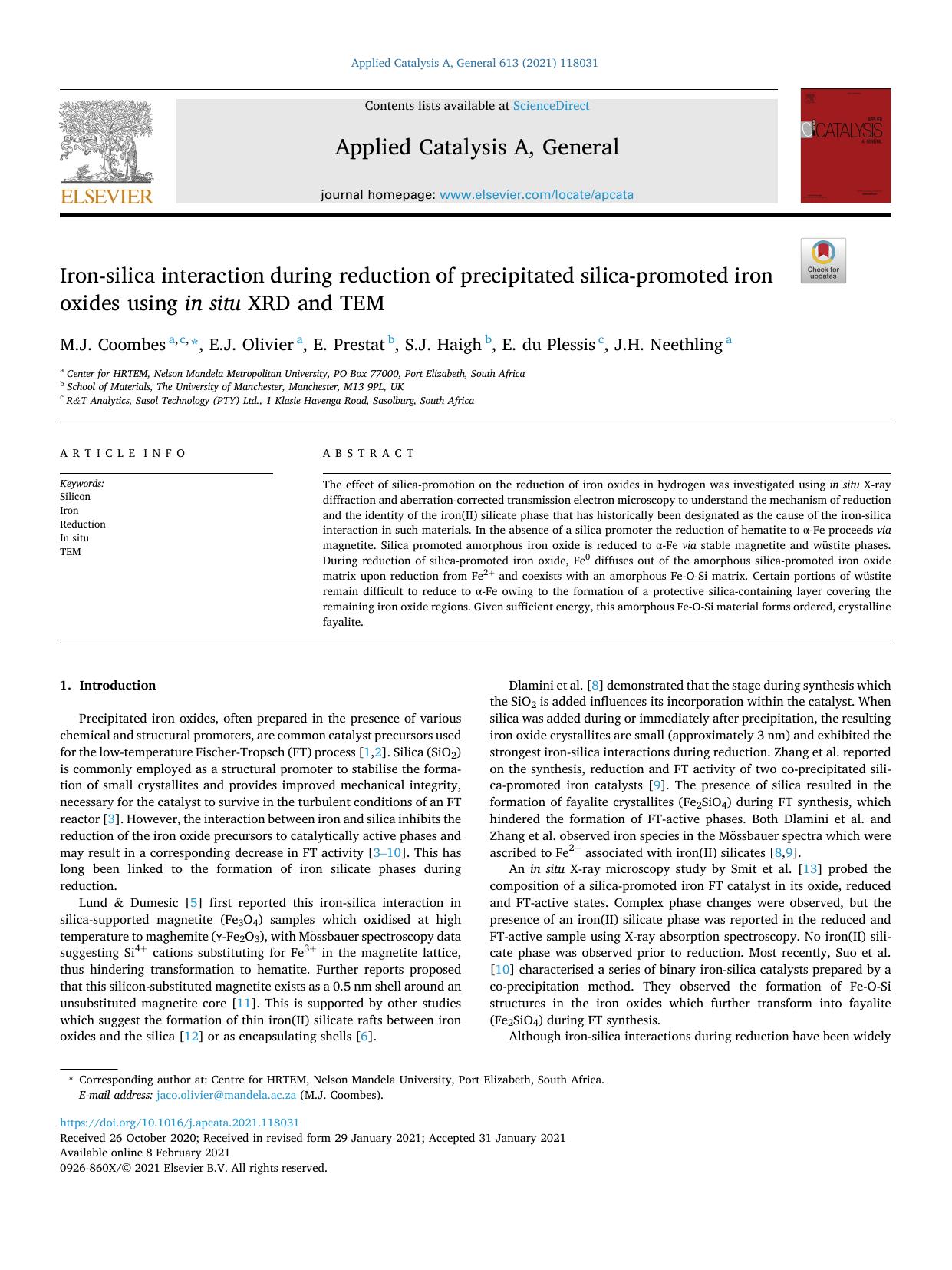 Iron-silica interaction during reduction of precipitated silica-promoted iron oxides using in situ XRD and TEM by M.J. Coombes & E.J. Olivier & E. Prestat & S.J. Haigh & E. du Plessis & J.H. Neethling
