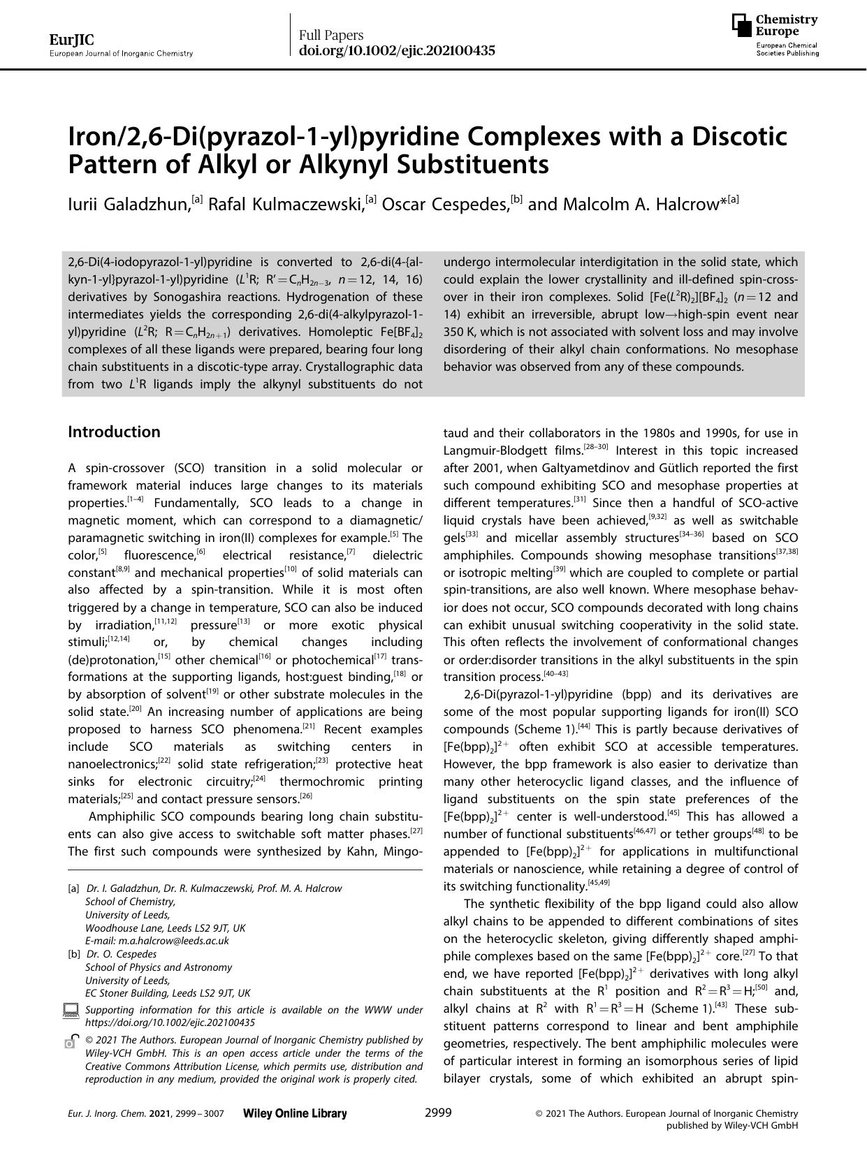 Iron2,6âDi(pyrazolâ1âyl)pyridine Complexes with a Discotic Pattern of Alkyl or Alkynyl Substituents by Unknown