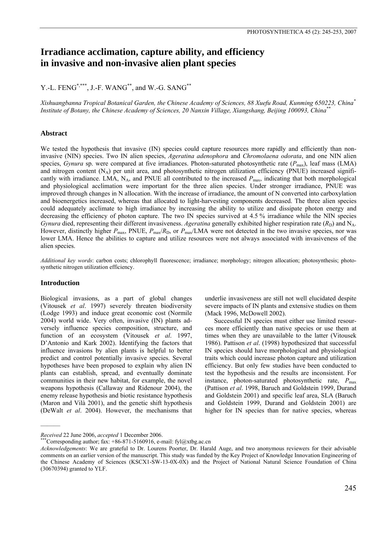 Irradiance acclimation, capture ability, and efficiency in invasive and non-invasive alien plant species by Unknown