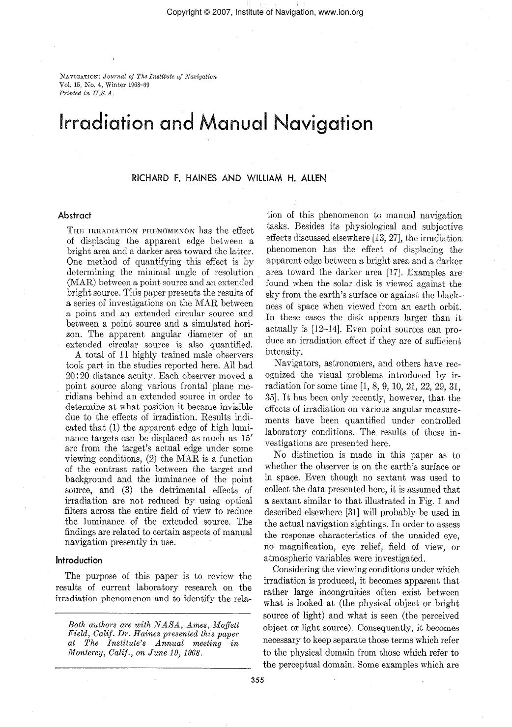 Irradiation and Manual Navigation by RKHARD F. HAlNES AND WILLIAM H. ALLEN