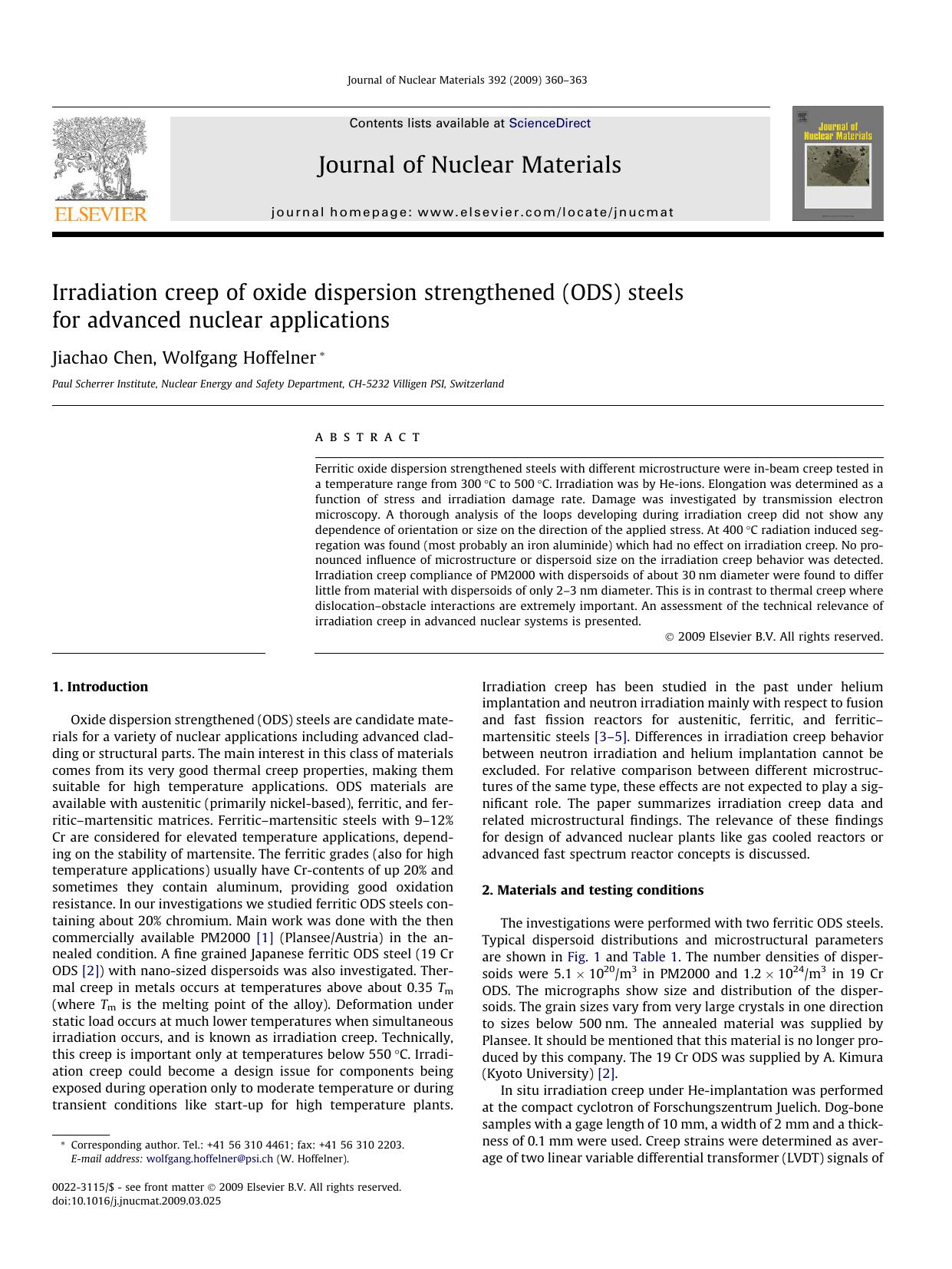Irradiation creep of oxide dispersion strengthened (ODS) steels for advanced nuclear applications by Jiachao Chen; Wolfgang Hoffelner