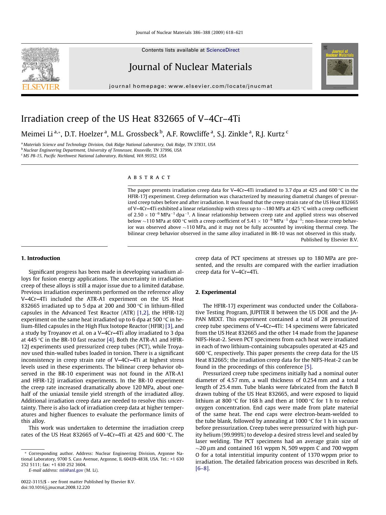 Irradiation creep of the US Heat 832665 of Vâ4Crâ4Ti by Meimei Li; D.T. Hoelzer; M.L. Grossbeck; A.F. Rowcliffe; S.J. Zinkle; R.J. Kurtz