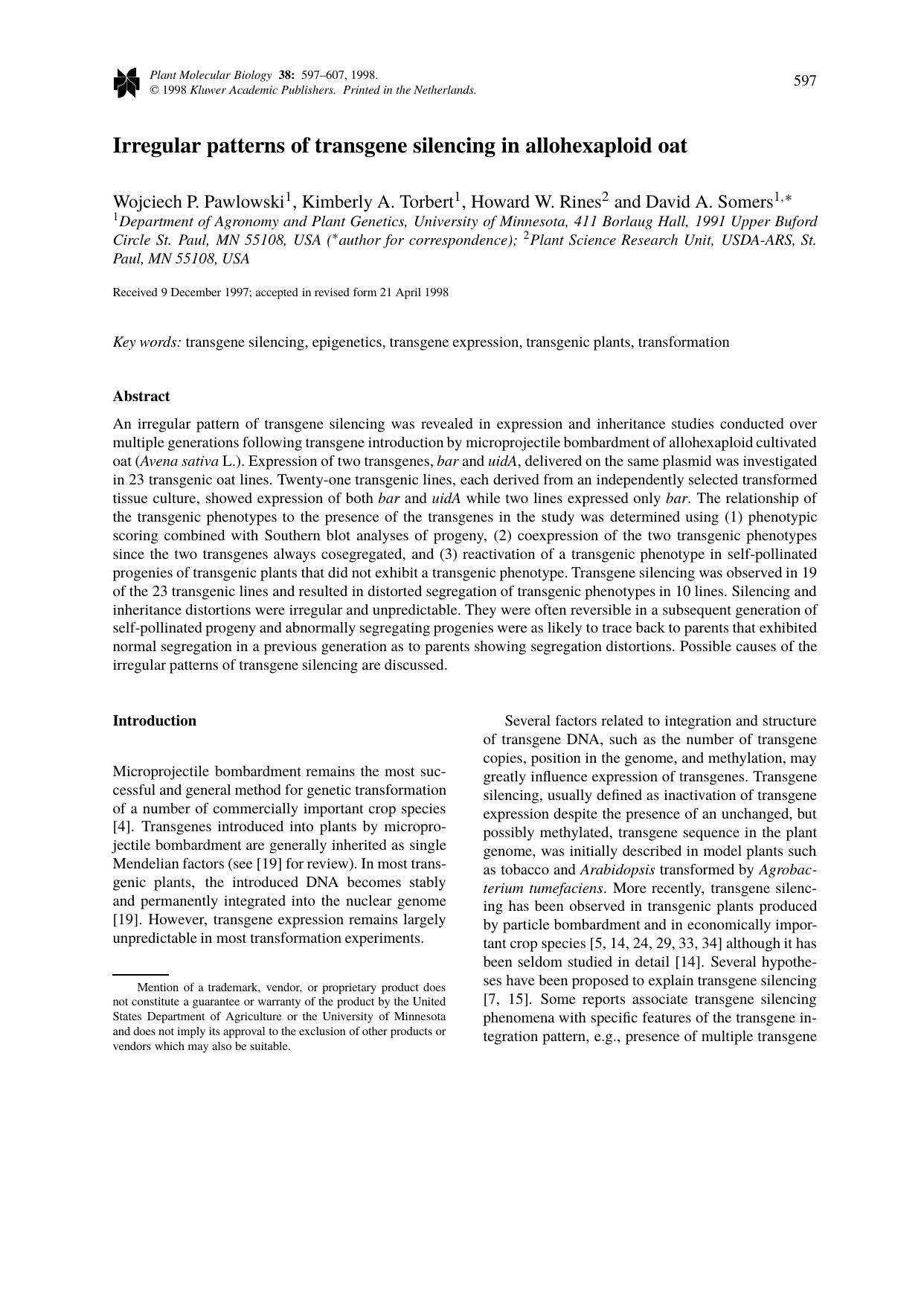 Irregular patterns of transgene silencing in allohexaploid oat by Unknown