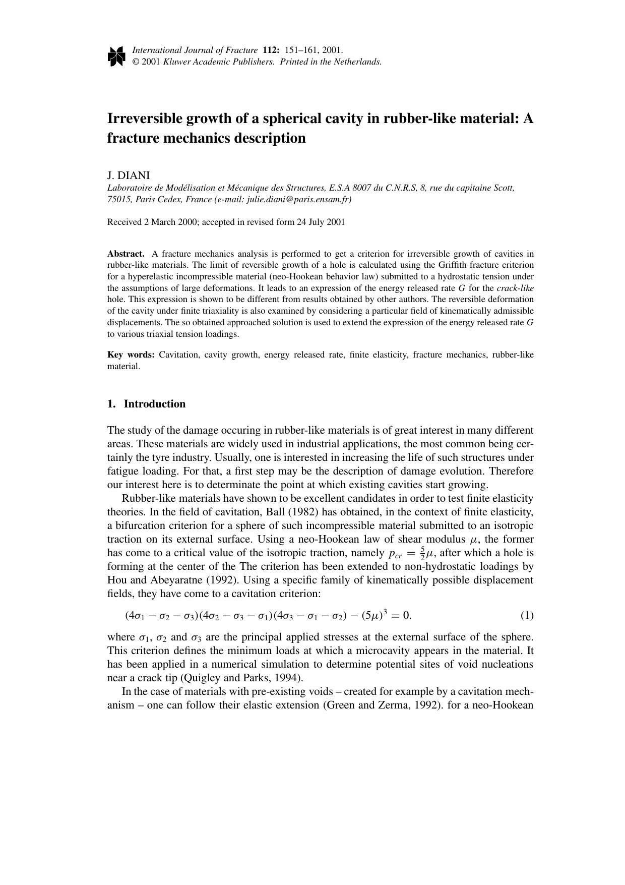Irreversible growth of a spherical cavity in rubber-like material: A fracture mechanics description by Unknown