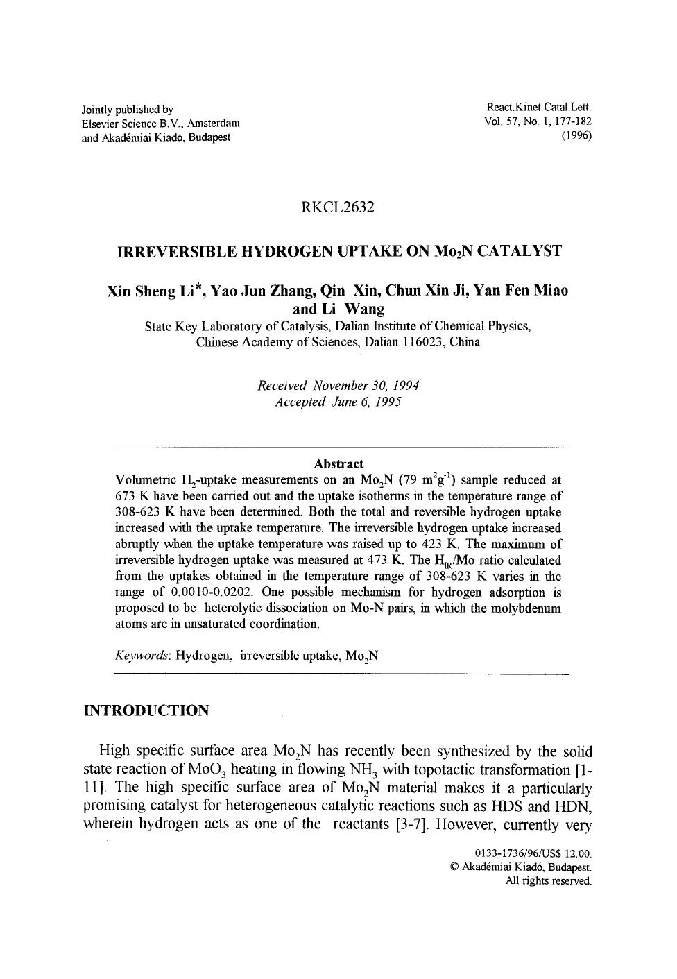 Irreversible hydrogen uptake on Mo <Subscript>2 <Subscript>N catalyst by Unknown