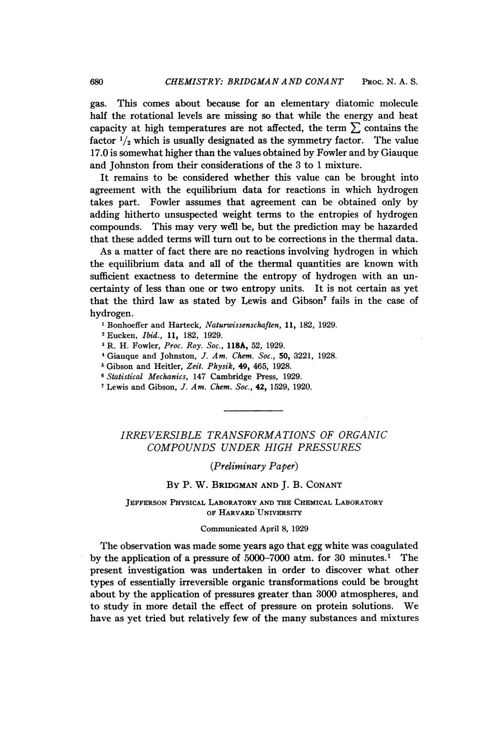 Irreversible transformations of organic compounds under high pressures by Percy Williams Bridgman James Bryant Conant