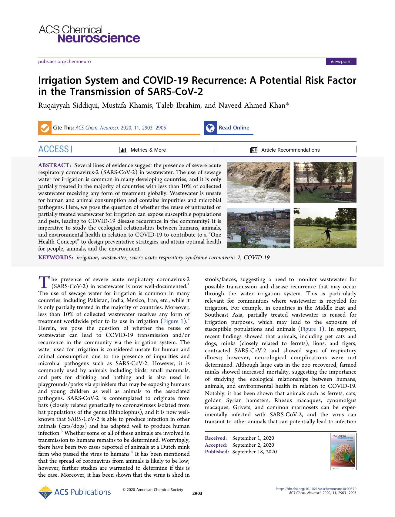 Irrigation System and COVID-19 Recurrence: A Potential Risk Factor in the Transmission of SARS-CoV-2 by Ruqaiyyah Siddiqui Mustafa Khamis Taleb Ibrahim and Naveed Ahmed Khan