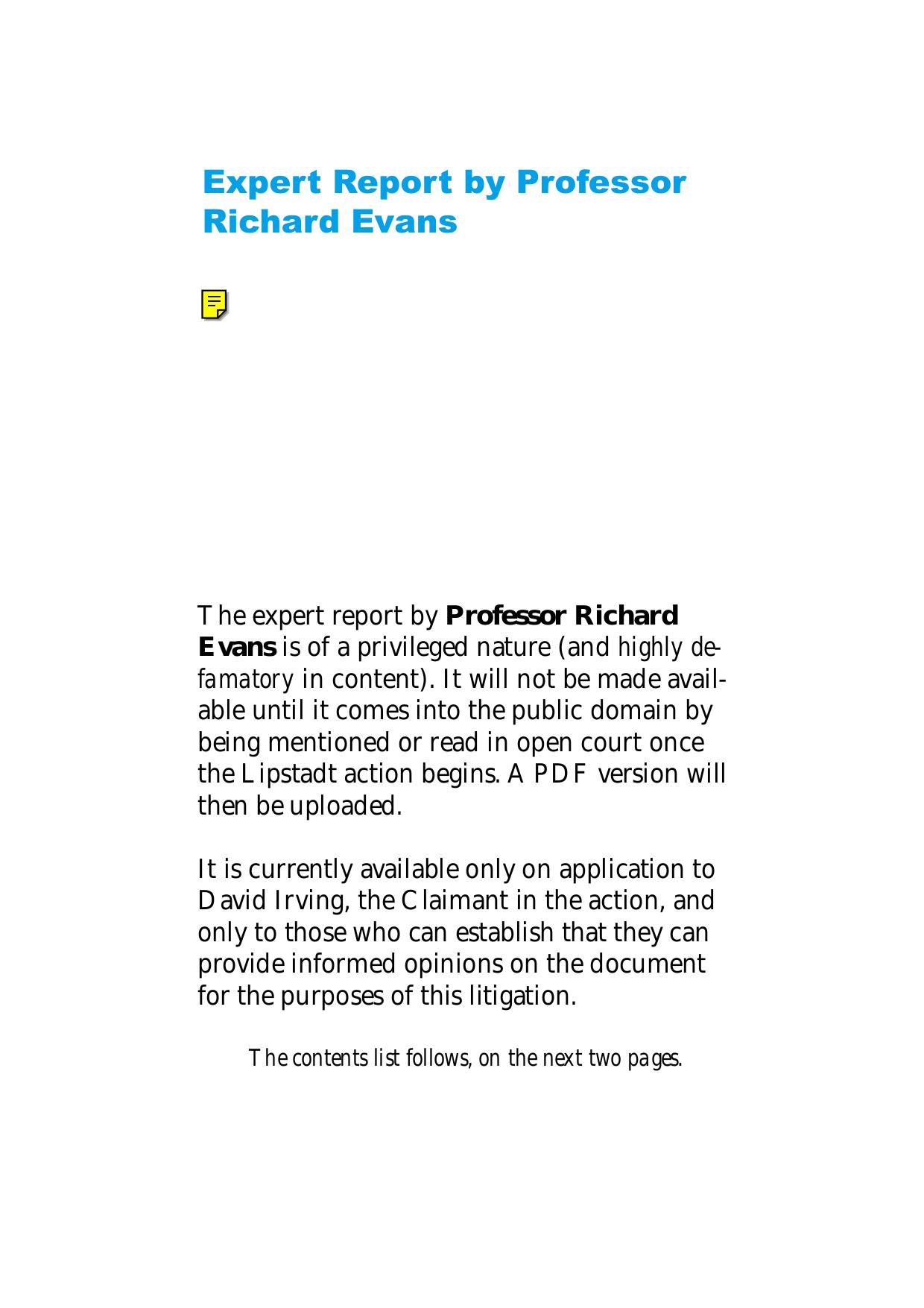 Irving vs. (1) Lipstadt and (2) Penguin Books: Expert Report by Richard J. Evans