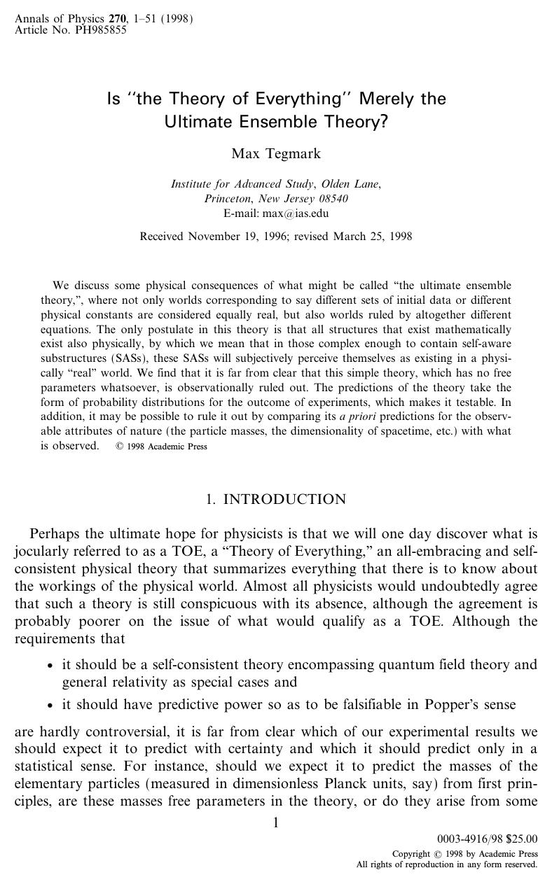 Is "the Theory of Everything" Merely the Ultimate Ensemble Theory? by Tegmark M