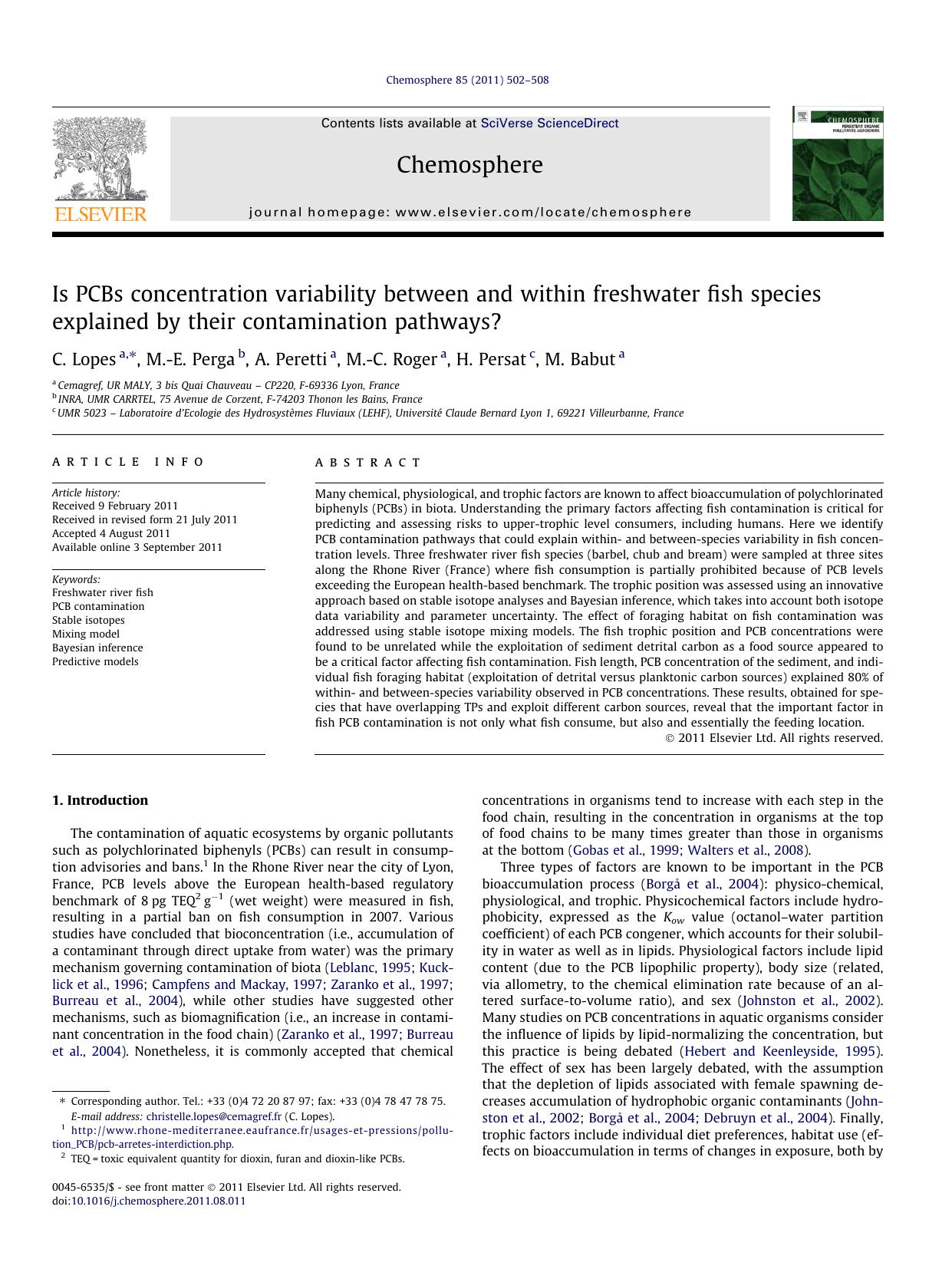 Is PCBs concentration variability between and within freshwater fish species explained by their contamination pathways? by C. Lopes & M.-E. Perga & A. Peretti & M.-C. Roger & H. Persat & M. Babut