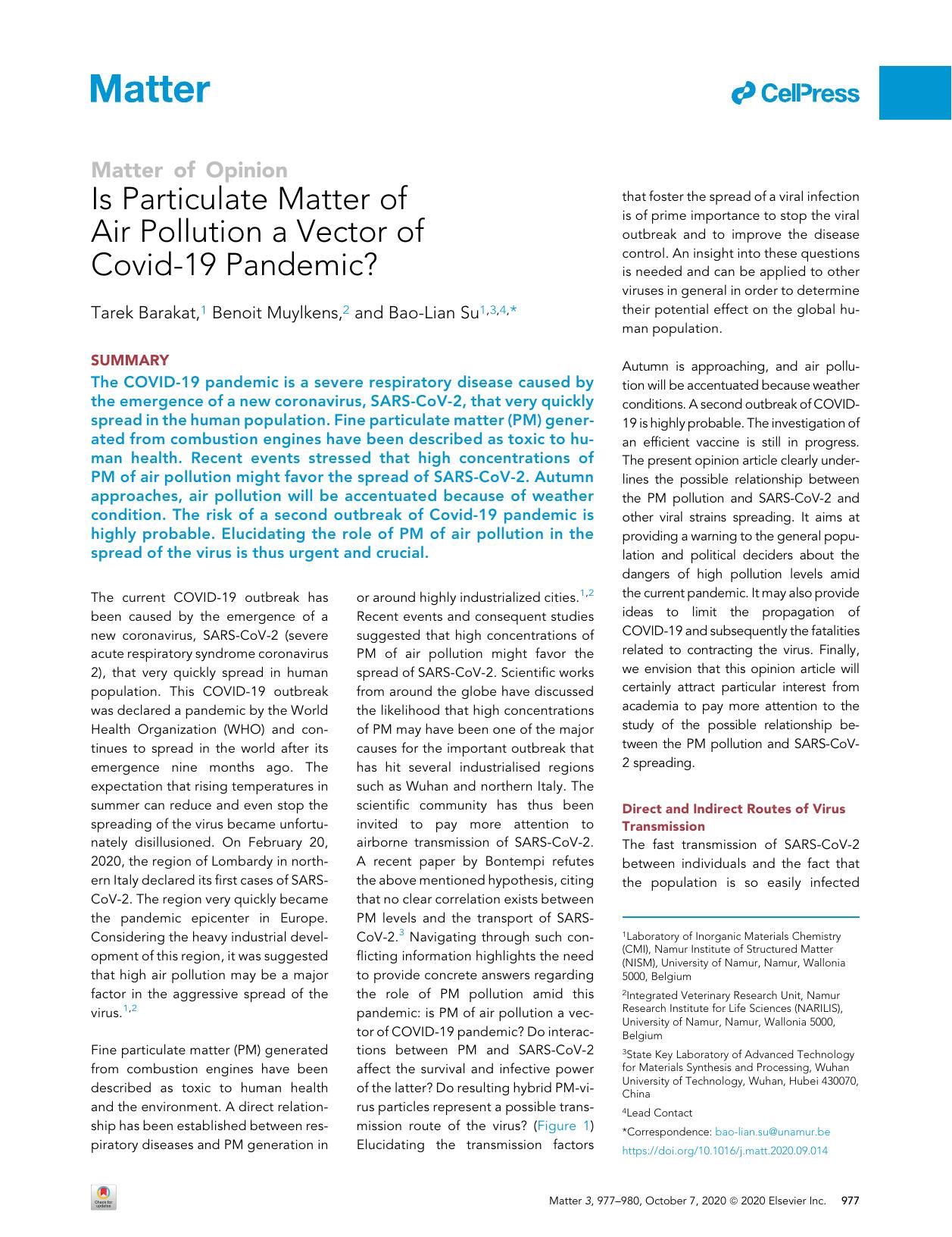 Is Particulate Matter of Air Pollution a Vector of Covid-19 Pandemic? by Tarek Barakat & Benoit Muylkens & Bao-Lian Su