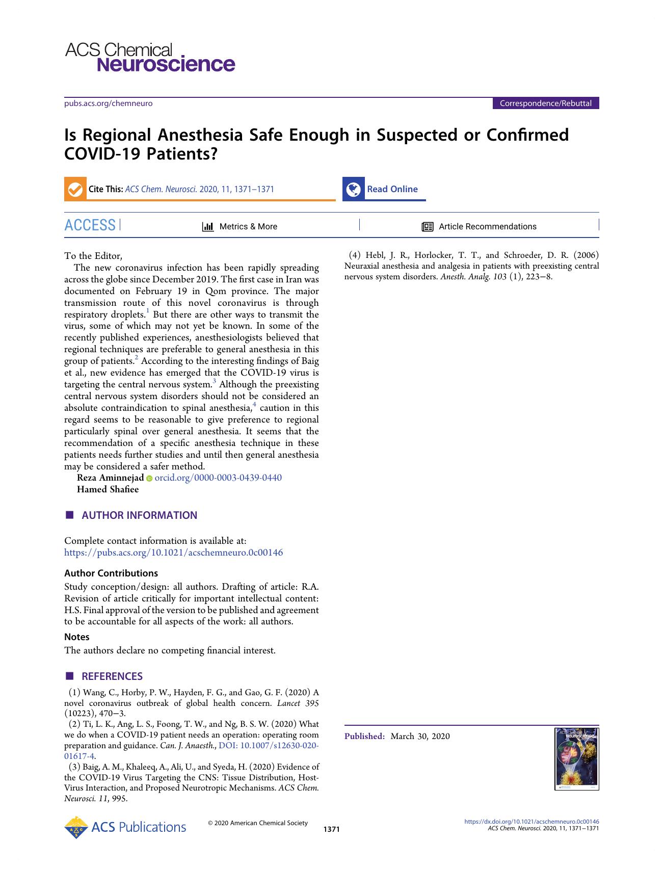 Is Regional Anesthesia Safe Enough in Suspected or Confirmed COVID-19 Patients? by Reza Aminnejad and Hamed Shafiee