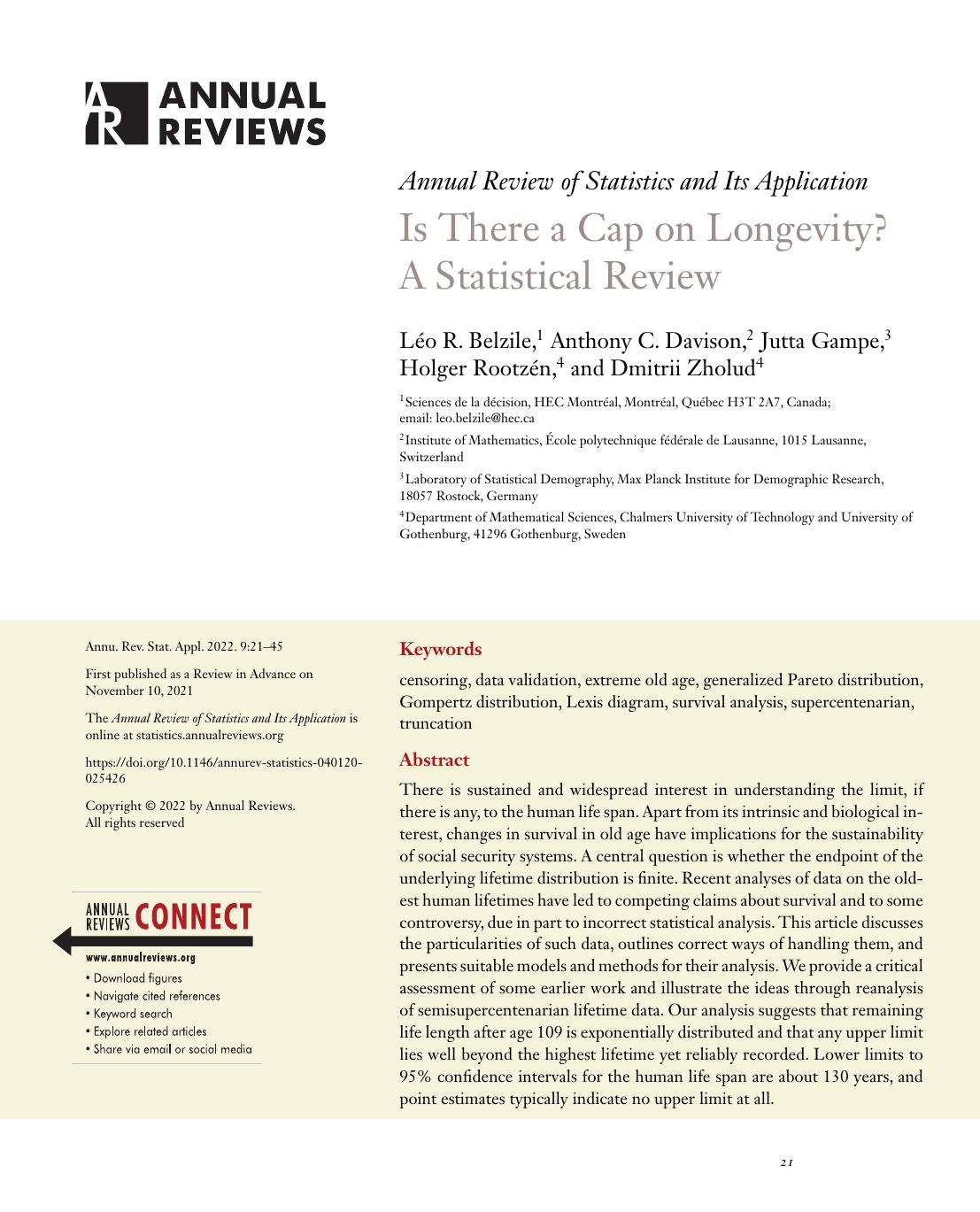 Is There a Cap on Longevity? A Statistical Review by Léo R. Belzile Anthony C. Davison Jutta Gampe Holger Rootzén Dmitrii Zholud