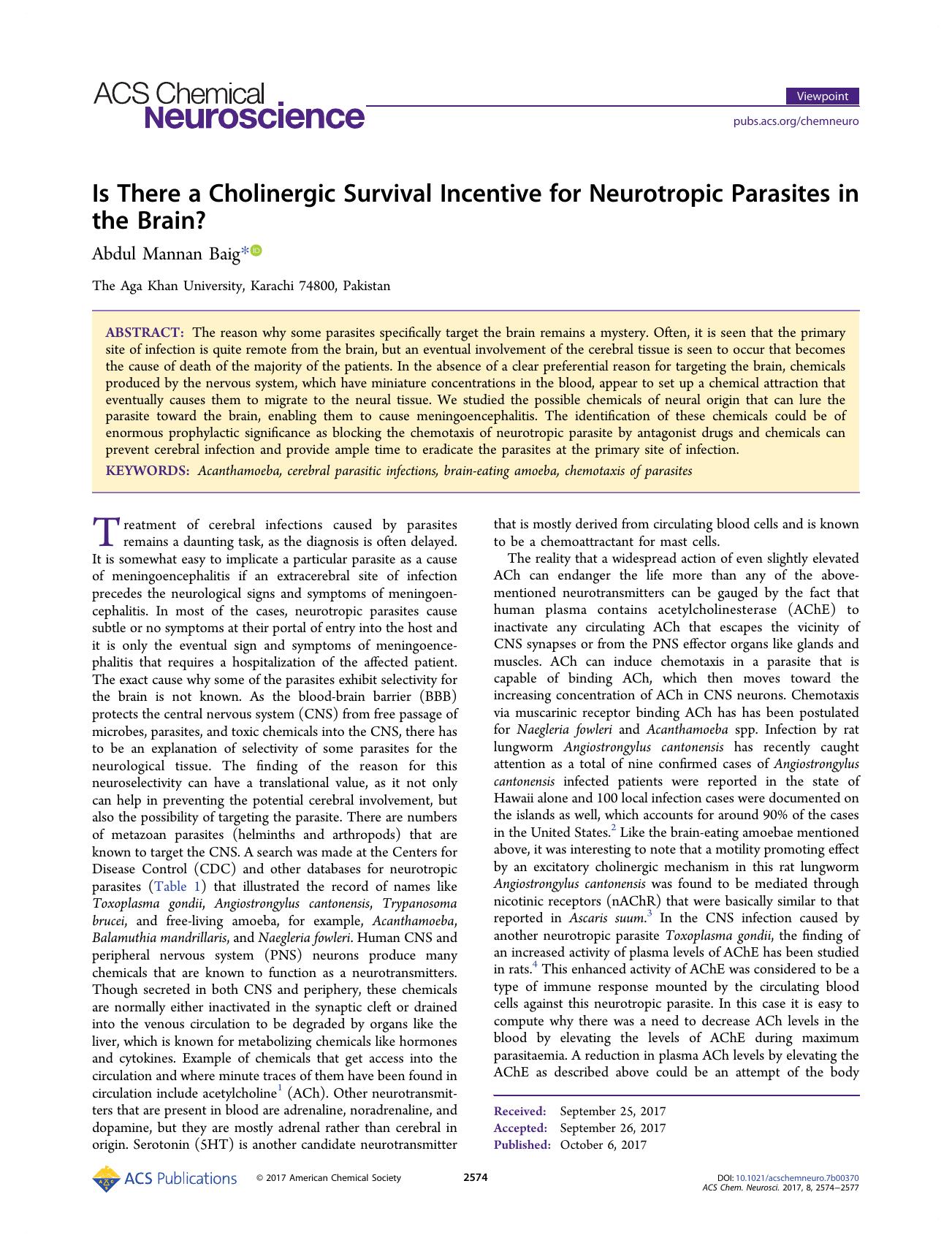Is There a Cholinergic Survival Incentive for Neurotropic Parasites in the Brain? by Abdul Mannan Baig