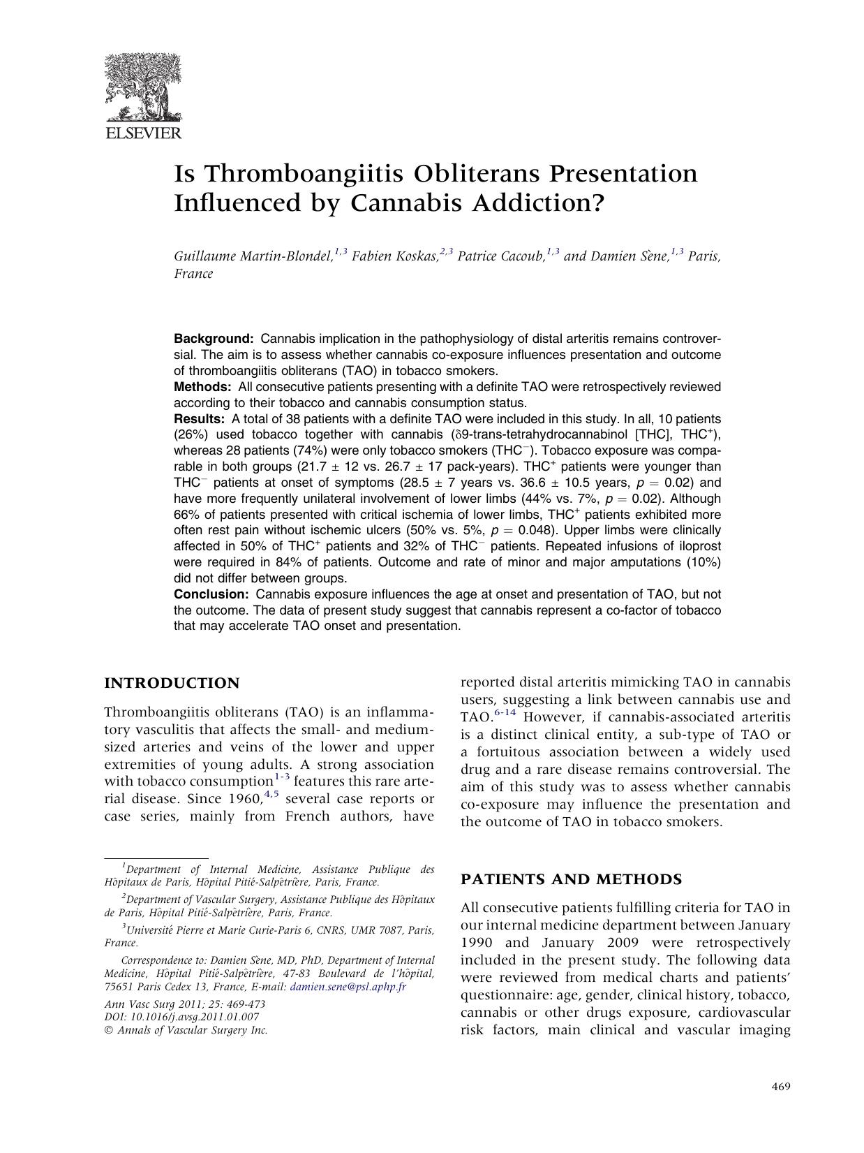 Is Thromboangiitis Obliterans Presentation Influenced by Cannabis Addiction? by Guillaume Martin-Blondel & Fabien Koskas & Patrice Cacoub & Damien Sène