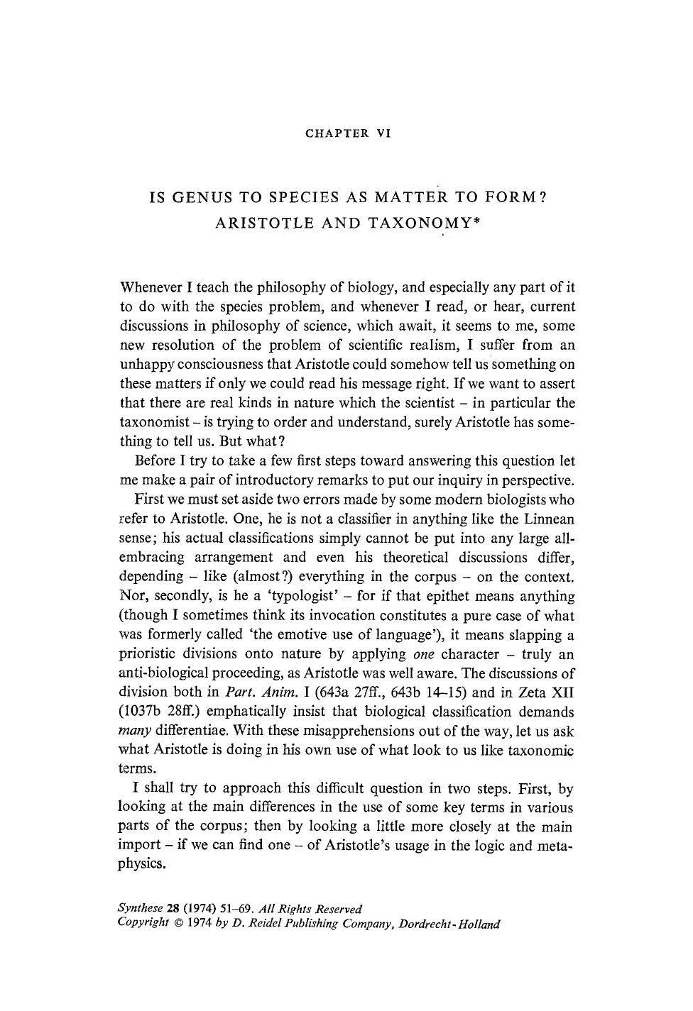 Is genus to species as matter to form? Aristotle and taxonomy by Unknown