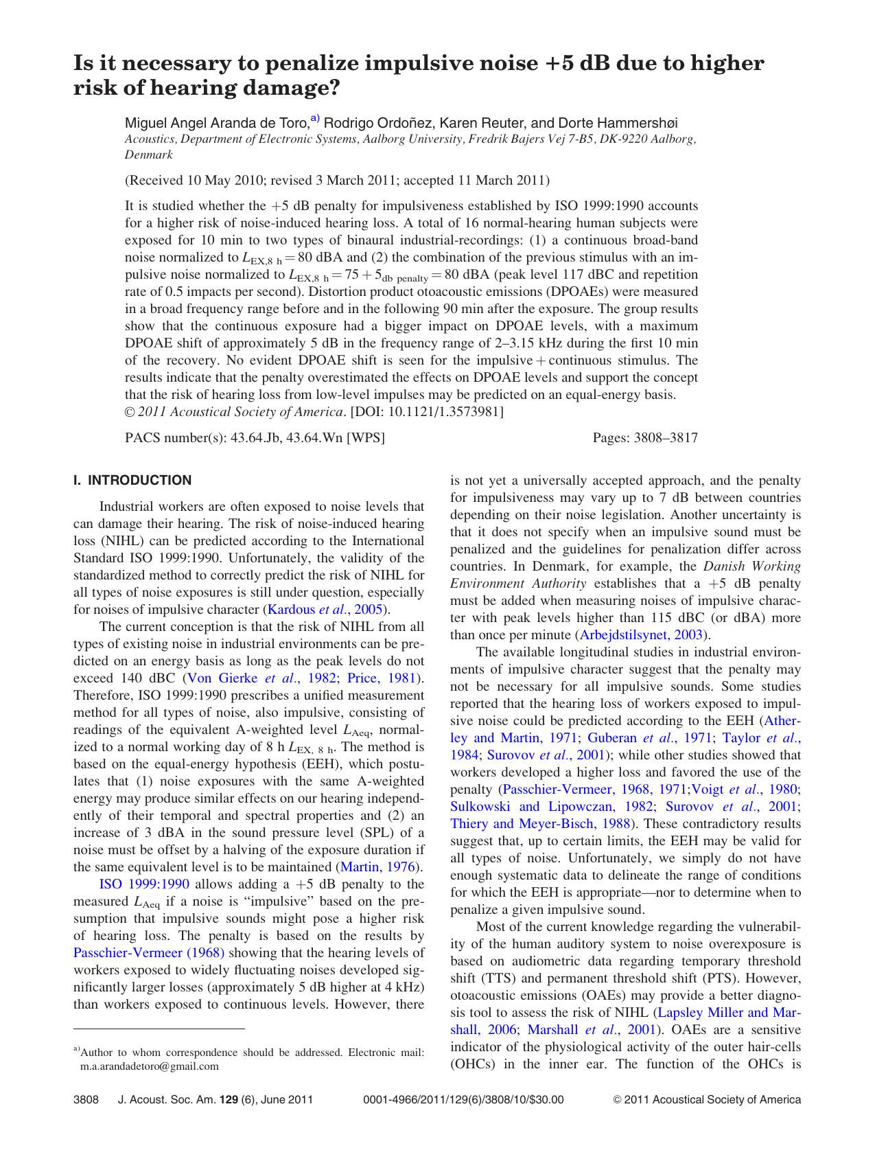 Is it necessary to penalize impulsive noise 15 dB due to higher risk of hearing damage? by Miguel Angel Aranda de Toro Rodrigo Ordon˜ez Karen Reuter and Dorte Hammershøi