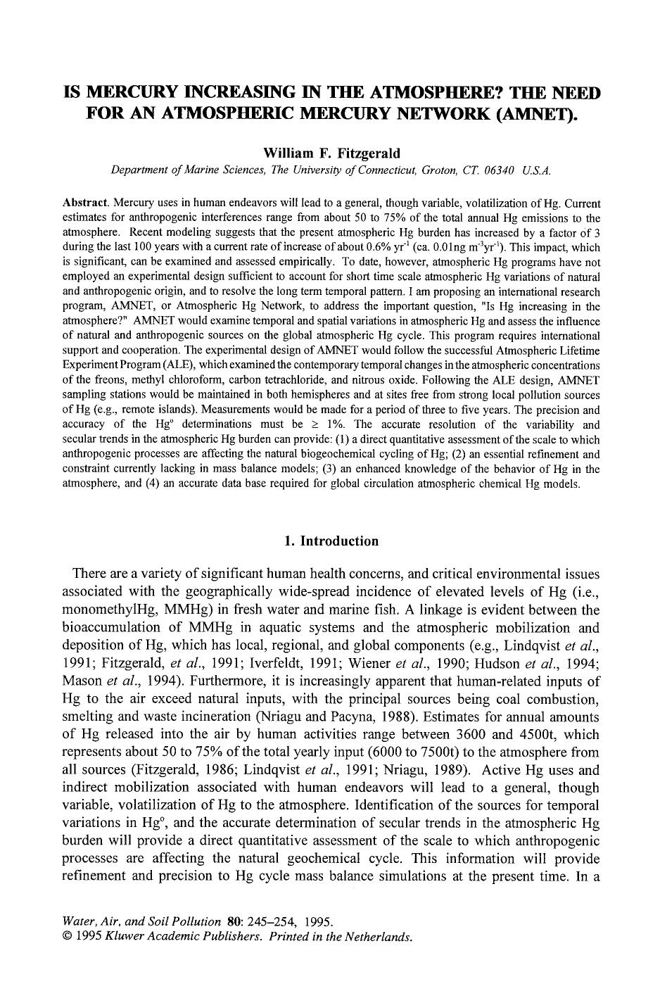 Is mercury increasing in the atmosphere? The need for an atmospheric mercury network (AMNET) by Unknown