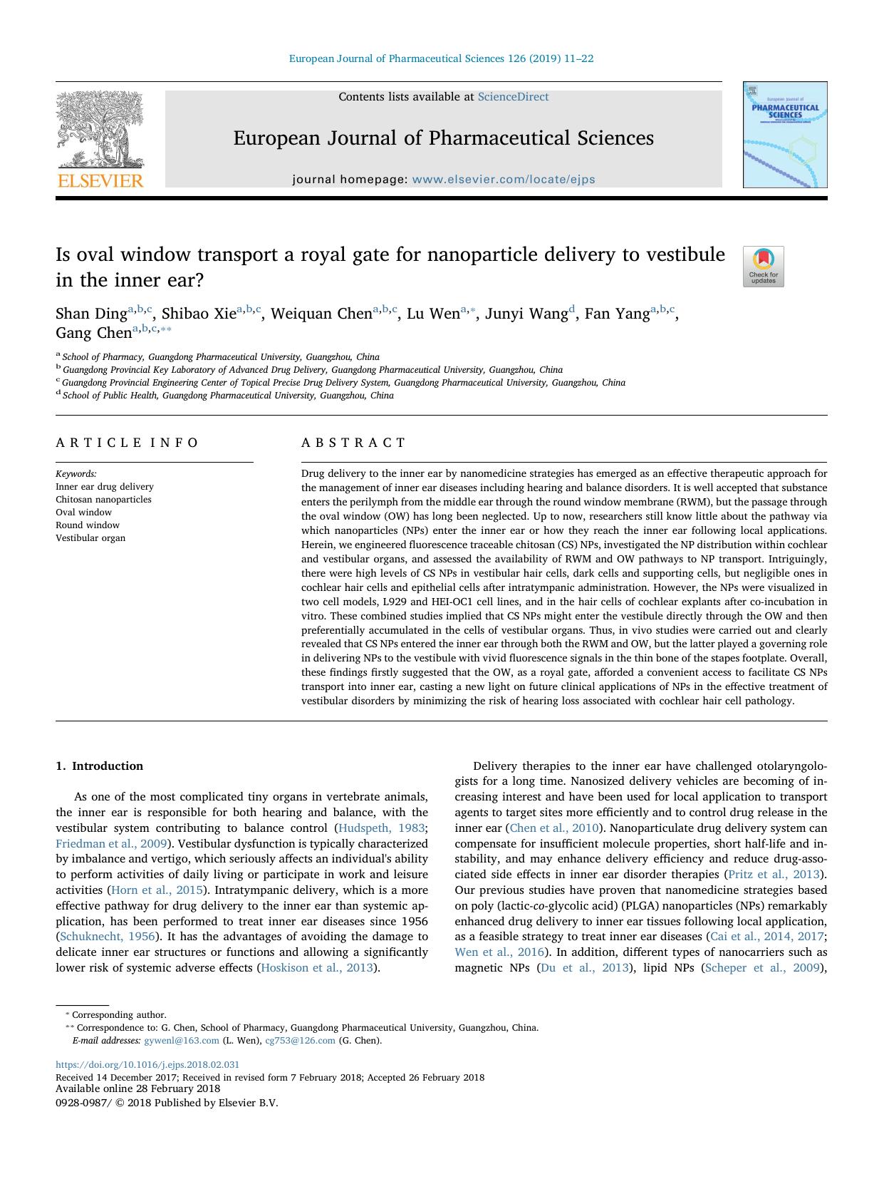 Is oval window transport a royal gate for nanoparticle delivery to vestibule in the inner ear? by Shan Ding & Shibao Xie & Weiquan Chen & Lu Wen & Junyi Wang & Fan Yang & Gang Chen