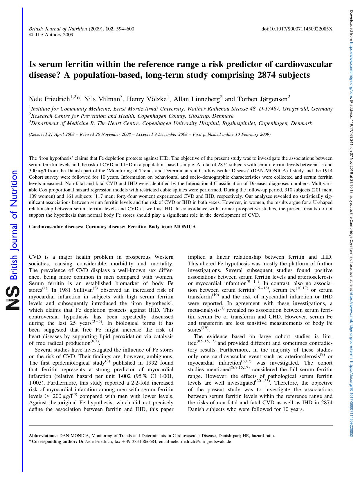 Is serum ferritin within the reference range a risk predictor of cardiovascular disease? A population-based, long-term study comprising 2874 subjects by Nele Friedrich Nils Milman Henry Völzke Allan Linneberg Torben Jørgensen