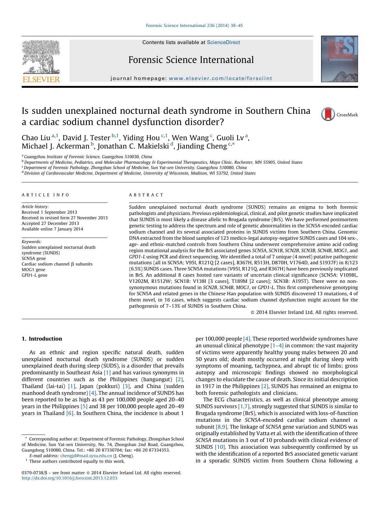 Is sudden unexplained nocturnal death syndrome in Southern China a cardiac sodium channel dysfunction disorder? by Chao Liu