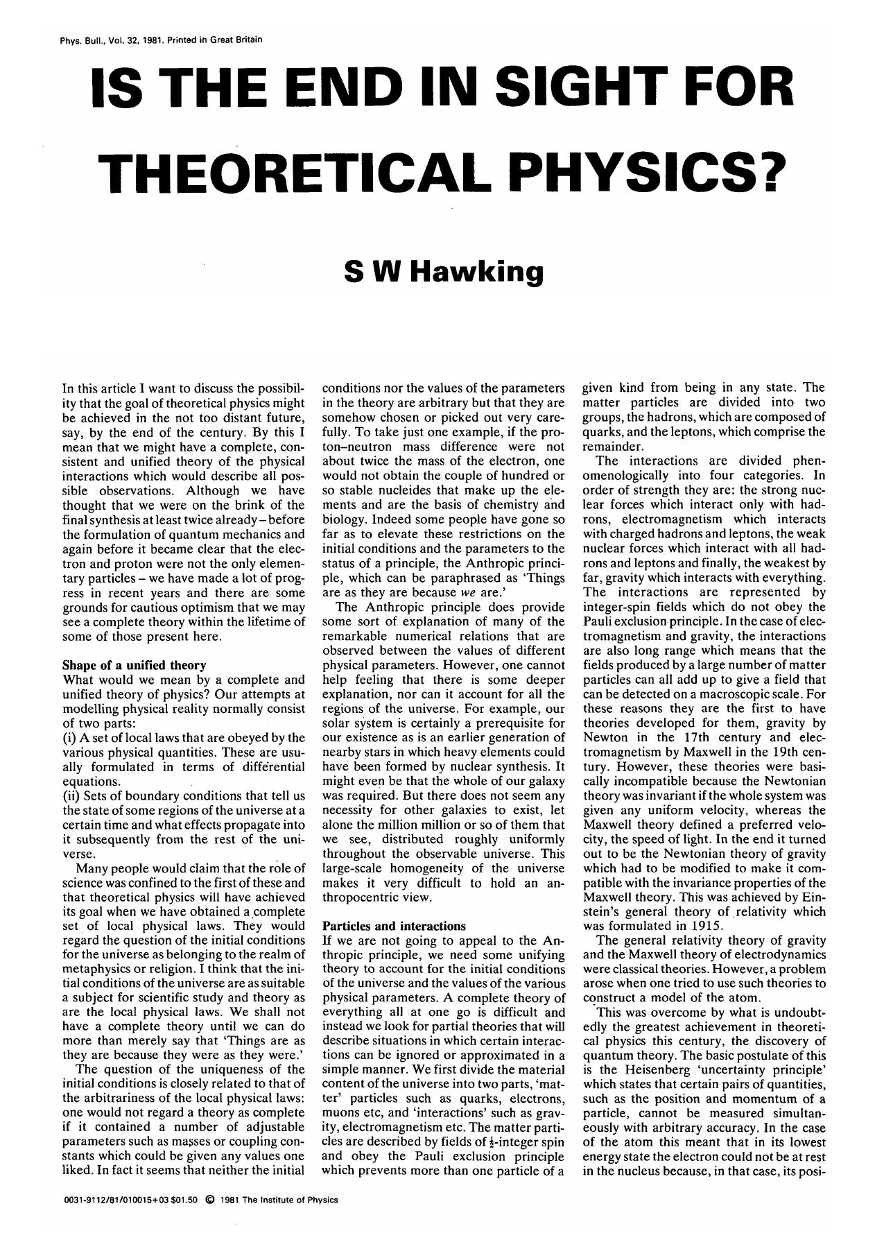 Is the End in Sight for Theoretical Physics (1981) by Unknown